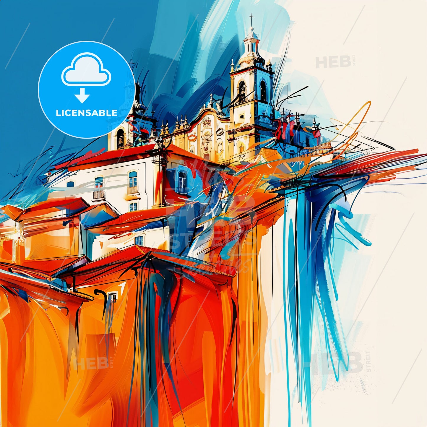 Vibrant Marinha Grande, Portugal - A Painting Of A Building With A Steeple