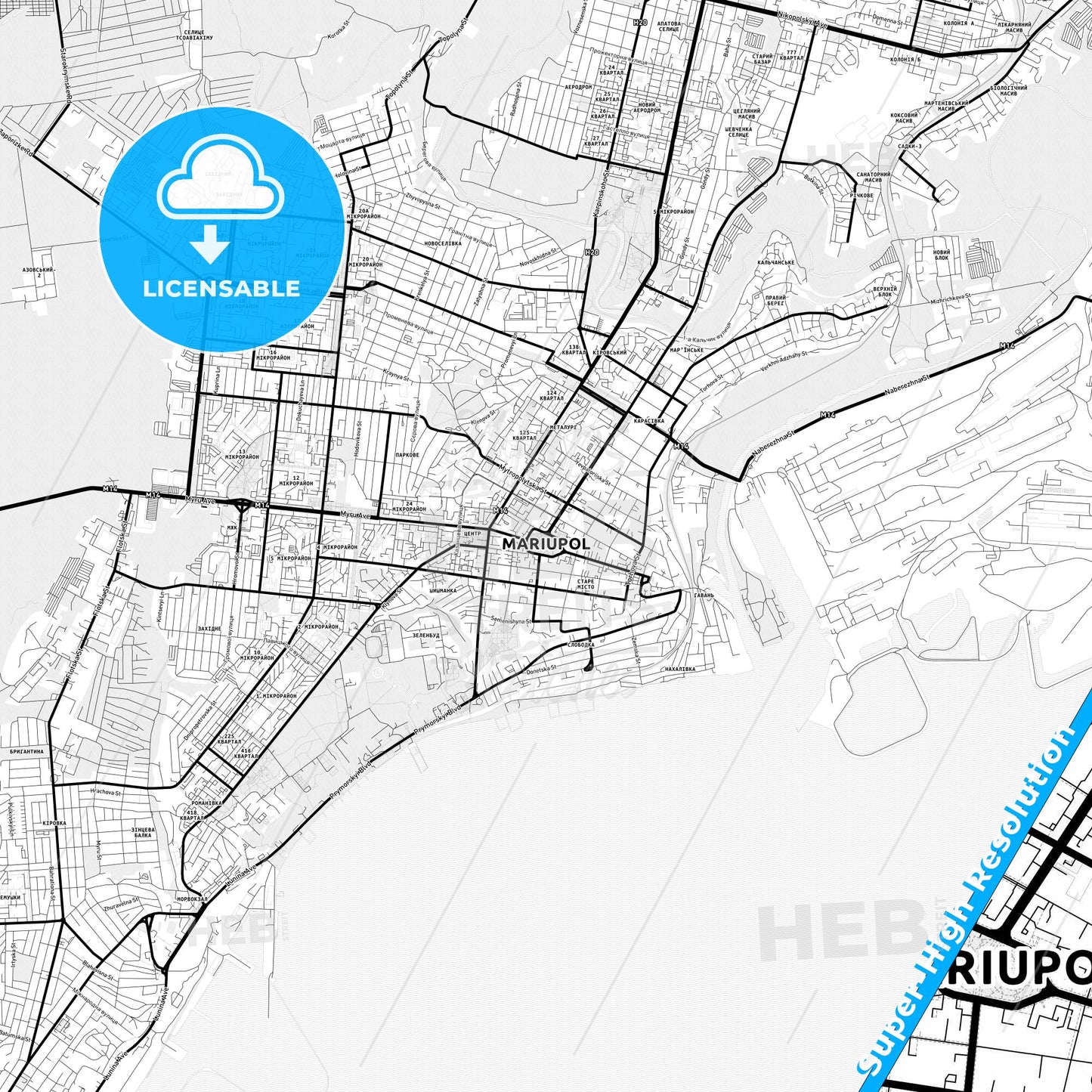 Mariupol, Ukraine Light Map with Street Names, City Names, and Districts
