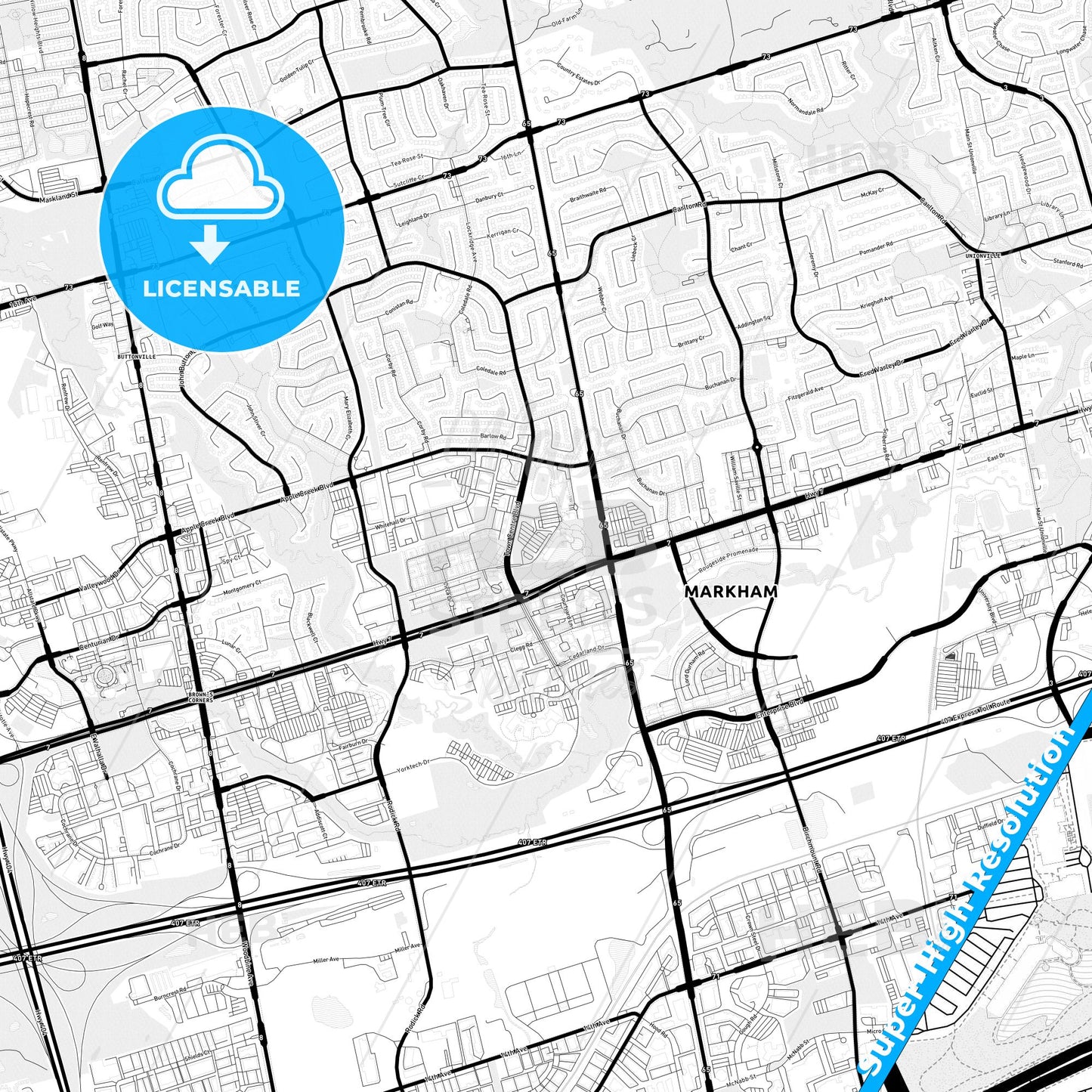 Markham, Canada Light Map with Street Names, City Names, and Districts