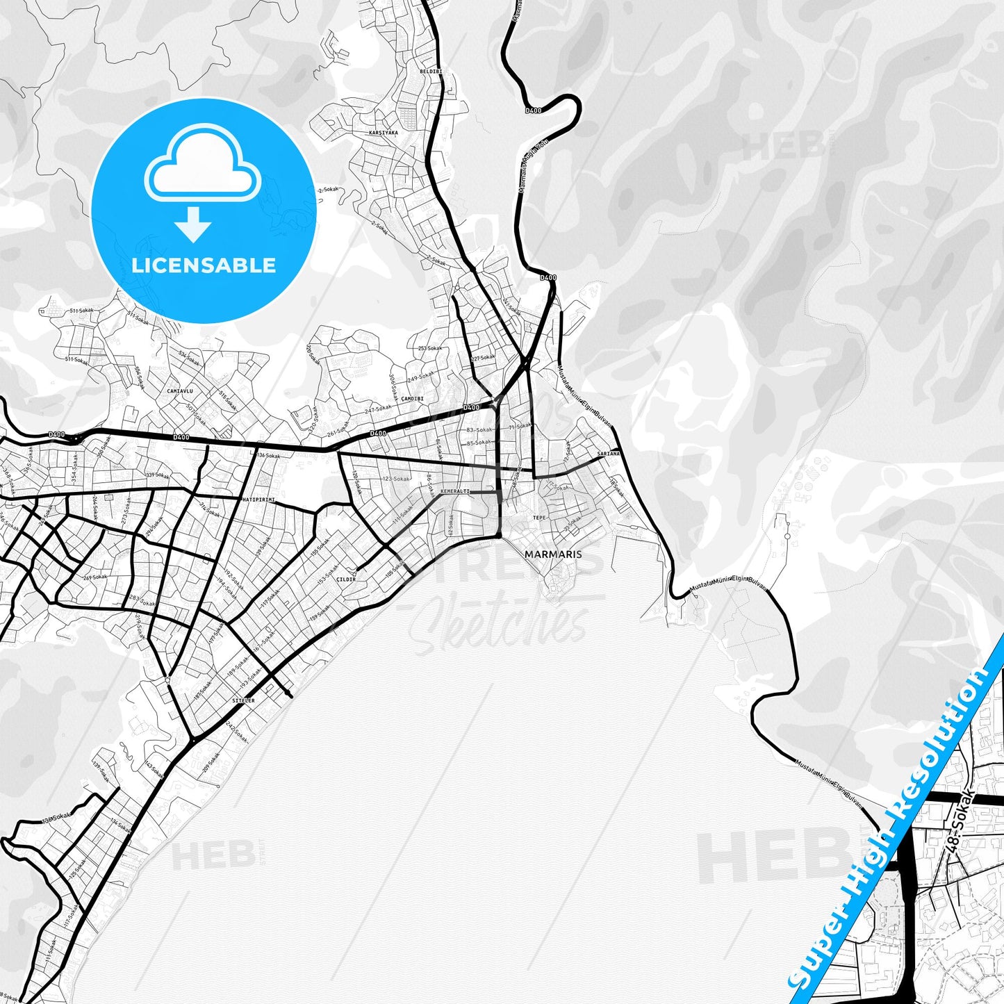 Marmaris, Turkey Light Map with Street Names, City Names, and Districts