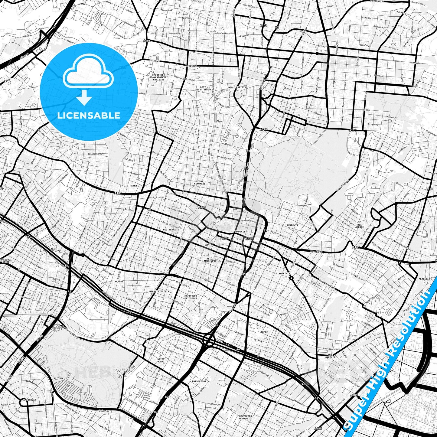 Marousi, Greece Light Map with Street Names, City Names, and Districts