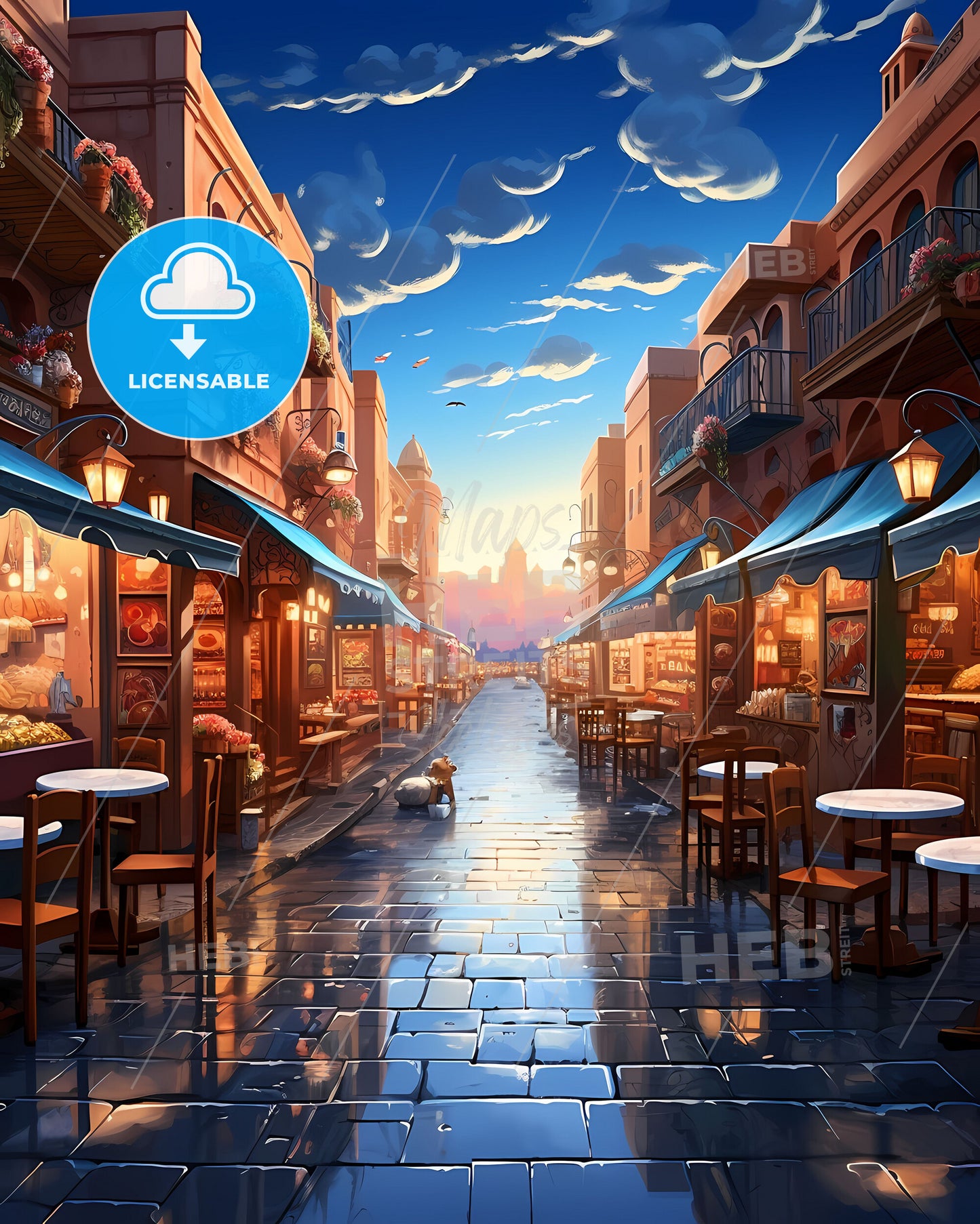 Artistic Marrakesh Skyline - Vibrant Painting with Street Scene and Outdoor Seating