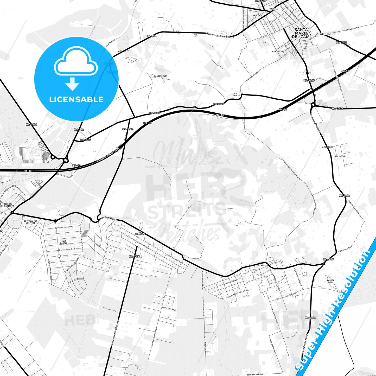 Marratxí, Spain Light Map with Street Names, City Names, and Districts
