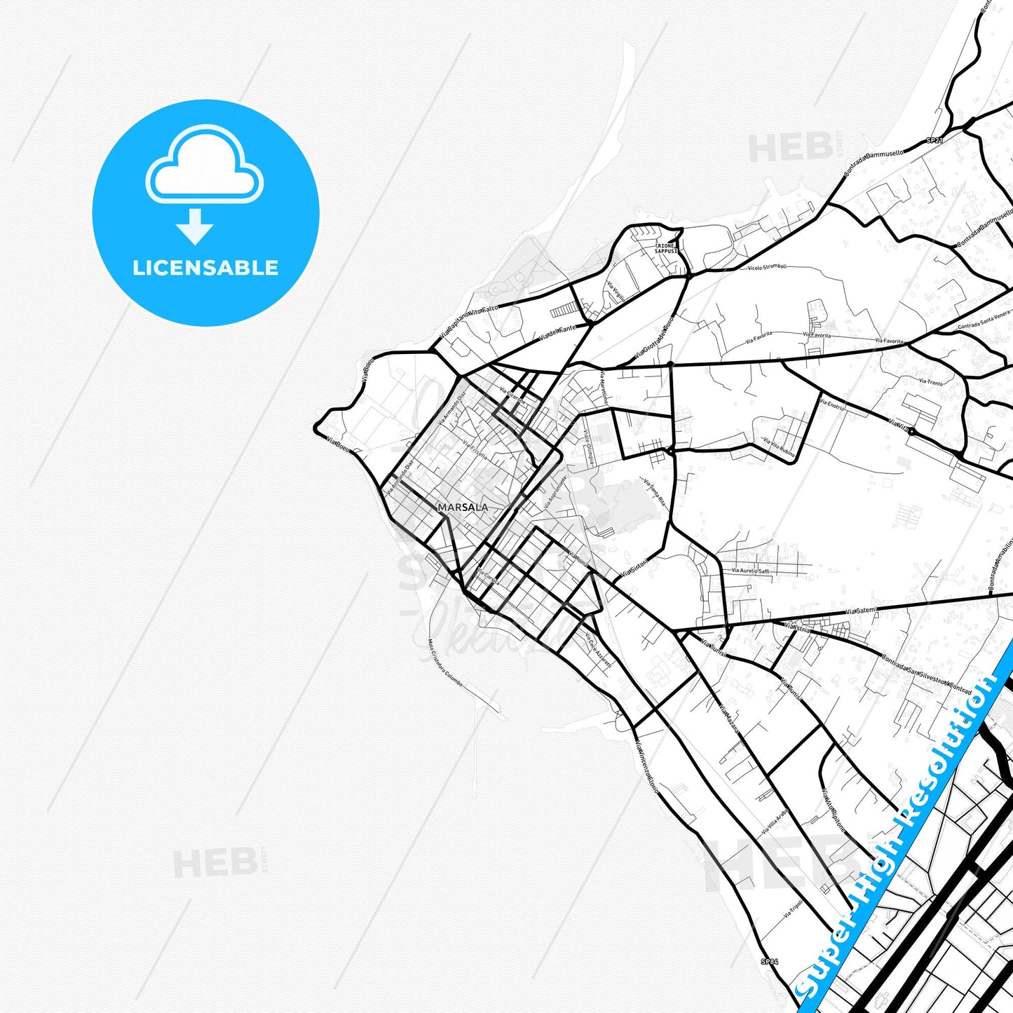 Marsala, Italy Light Map with Street Names, City Names, and Districts