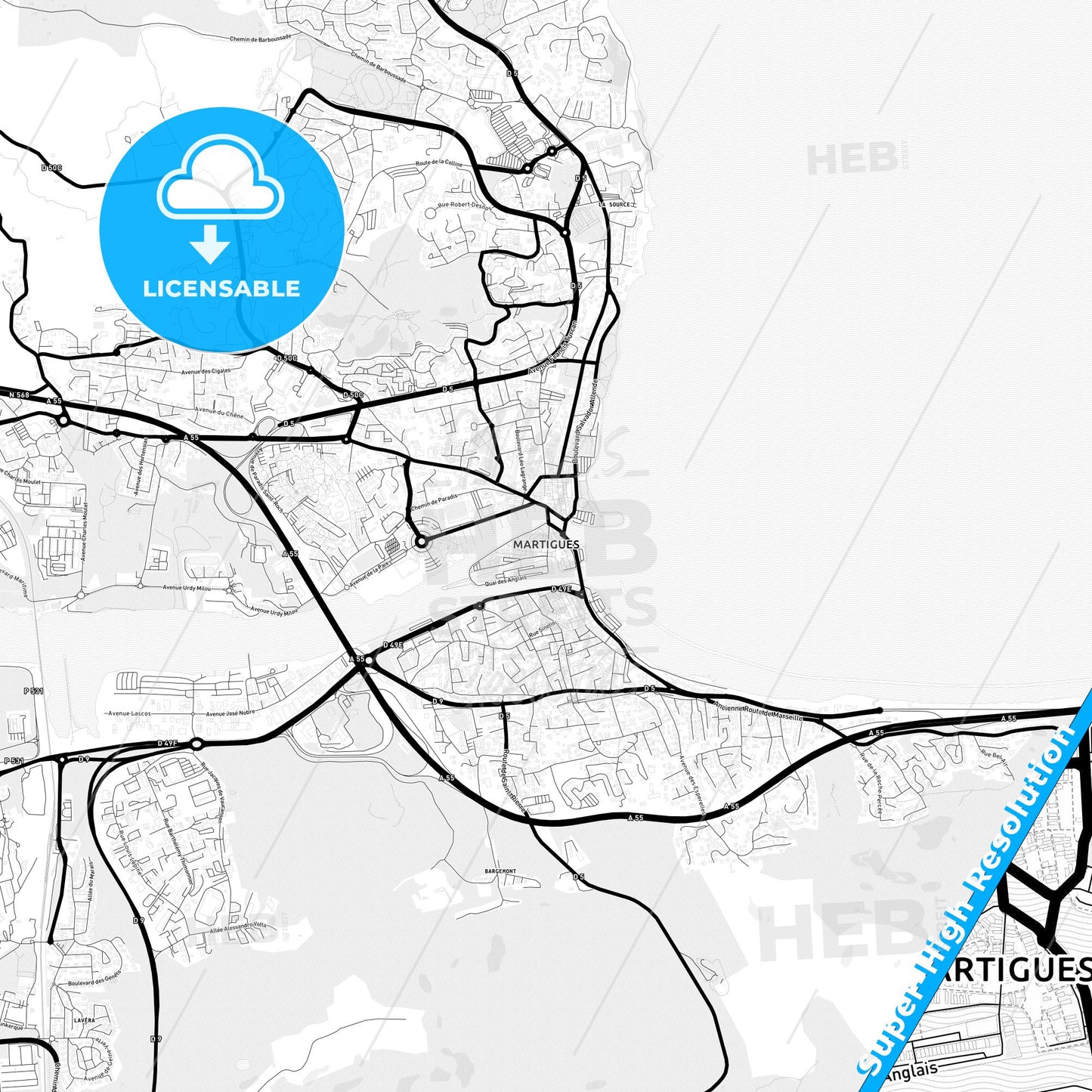 Martigues, France Light Map with Street Names, City Names, and Districts
