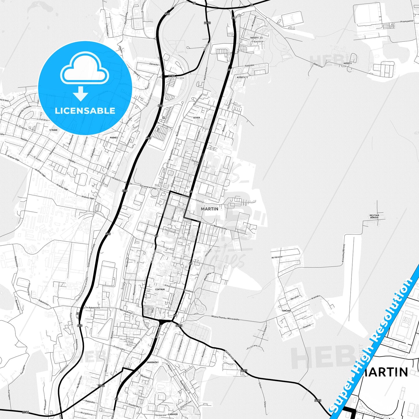 Martin, Slovakia Light Map with Street Names, City Names, and Districts