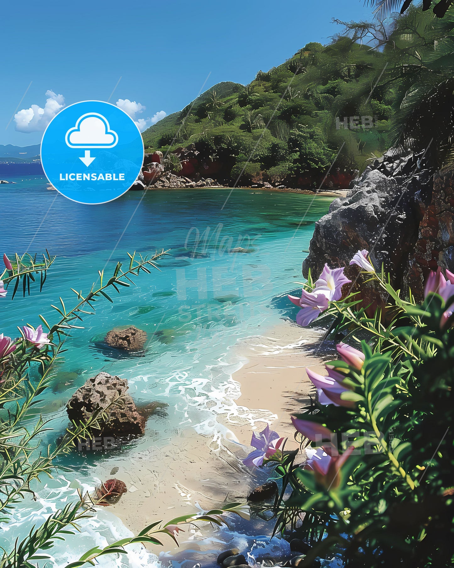 Vibrant Painting of Martinique Beach, North America Showcasing Flowers and Rocks