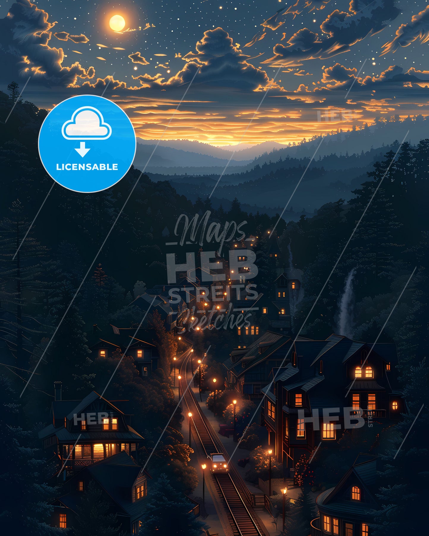 Maryland Art Painting Cityscape Roadside Lights Vibrant Canvas Print Poster