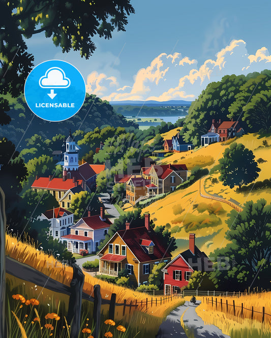 Vibrant Painting of a Charming Hilltop Village in Maryland, USA
