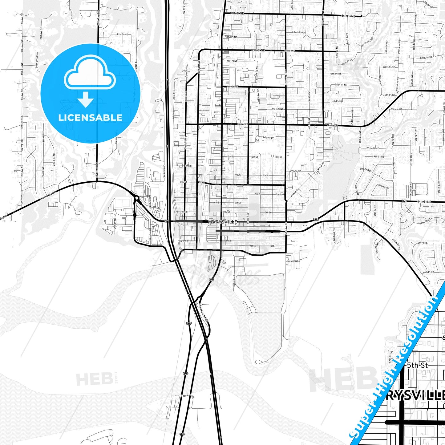 Marysville, Washington Light Map with Street Names, City Names, and Districts