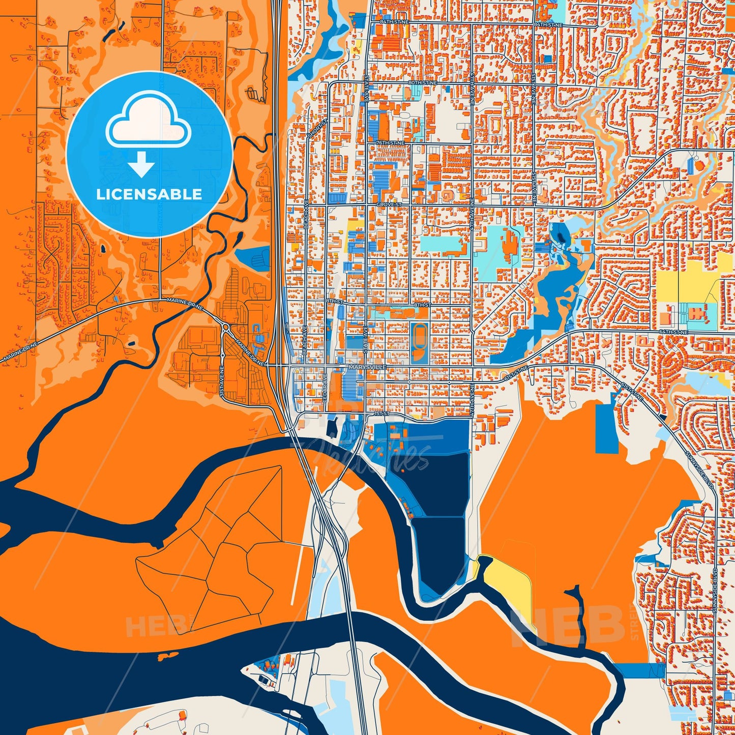 Colorful Marysville Street Map with Labels and Buildings