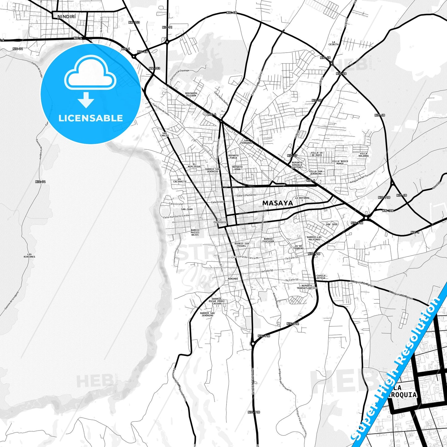 Masaya, Nicaragua Light Map with Street Names, City Names, and Districts