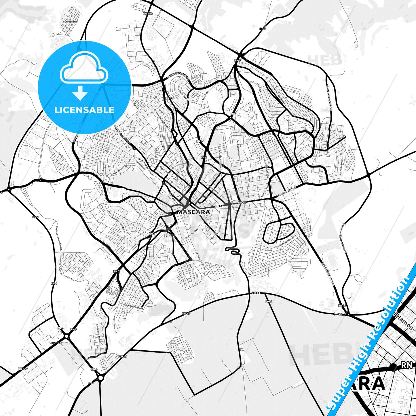Mascara, Algeria Light Map with Street Names, City Names, and Districts