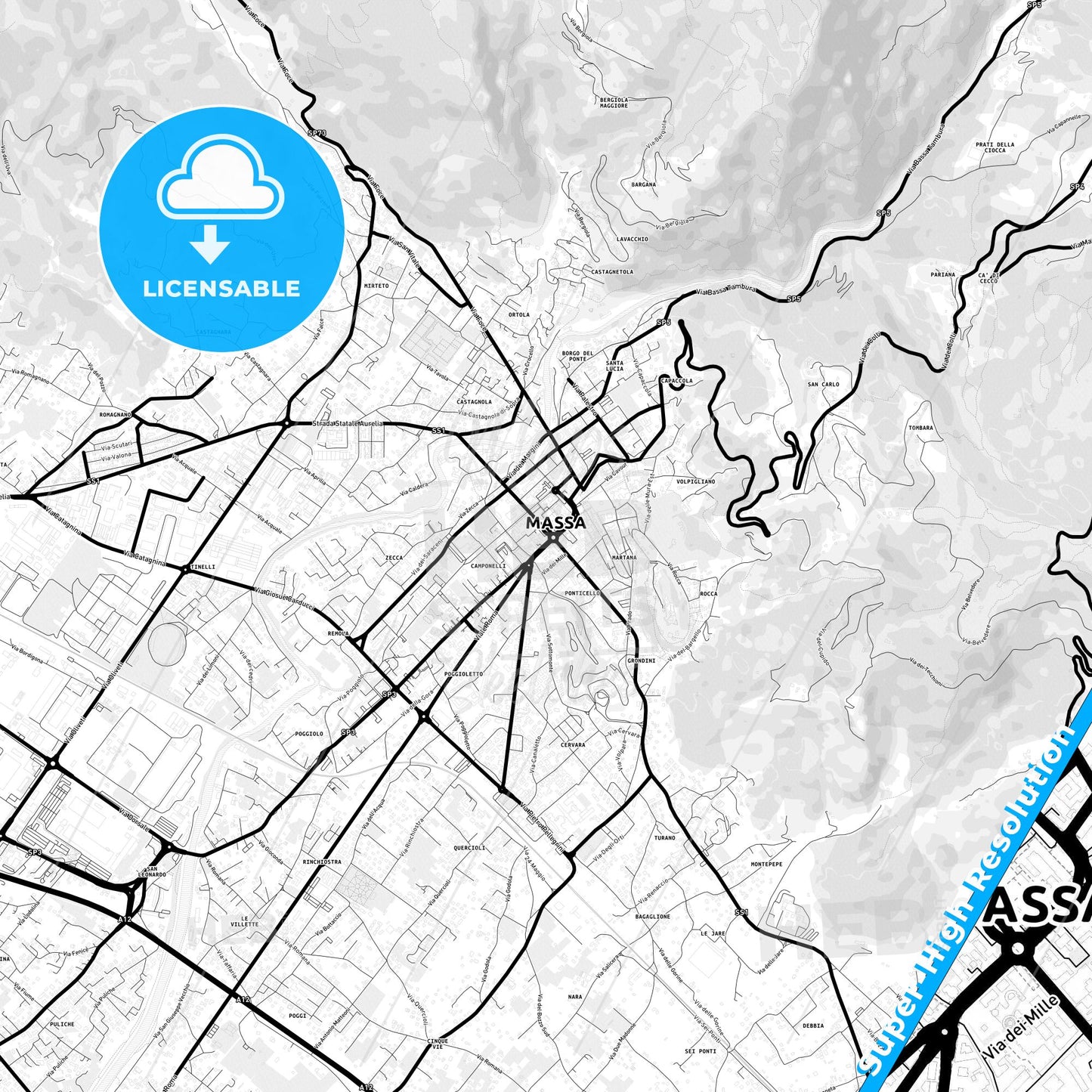 Massa, Italy Light Map with Street Names, City Names, and Districts