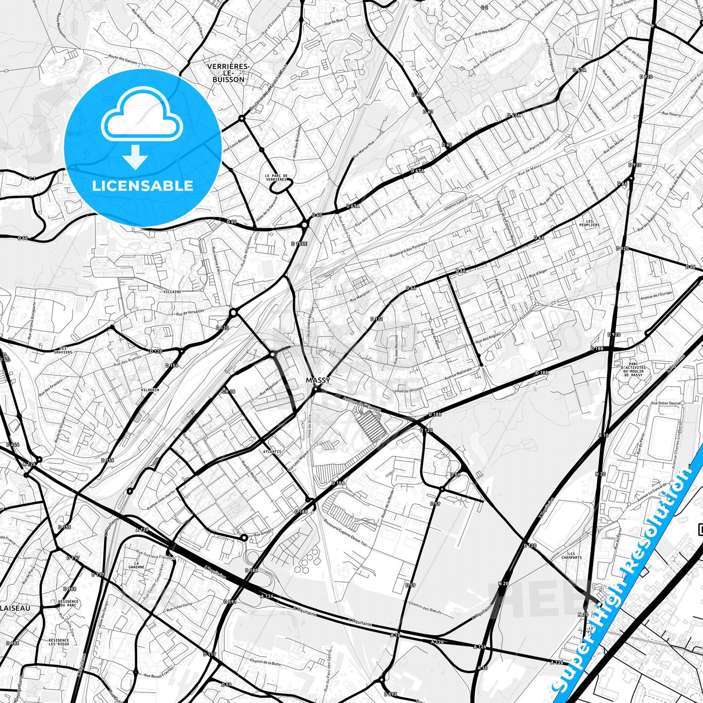 Massy, France Light Map with Street Names, City Names, and Districts