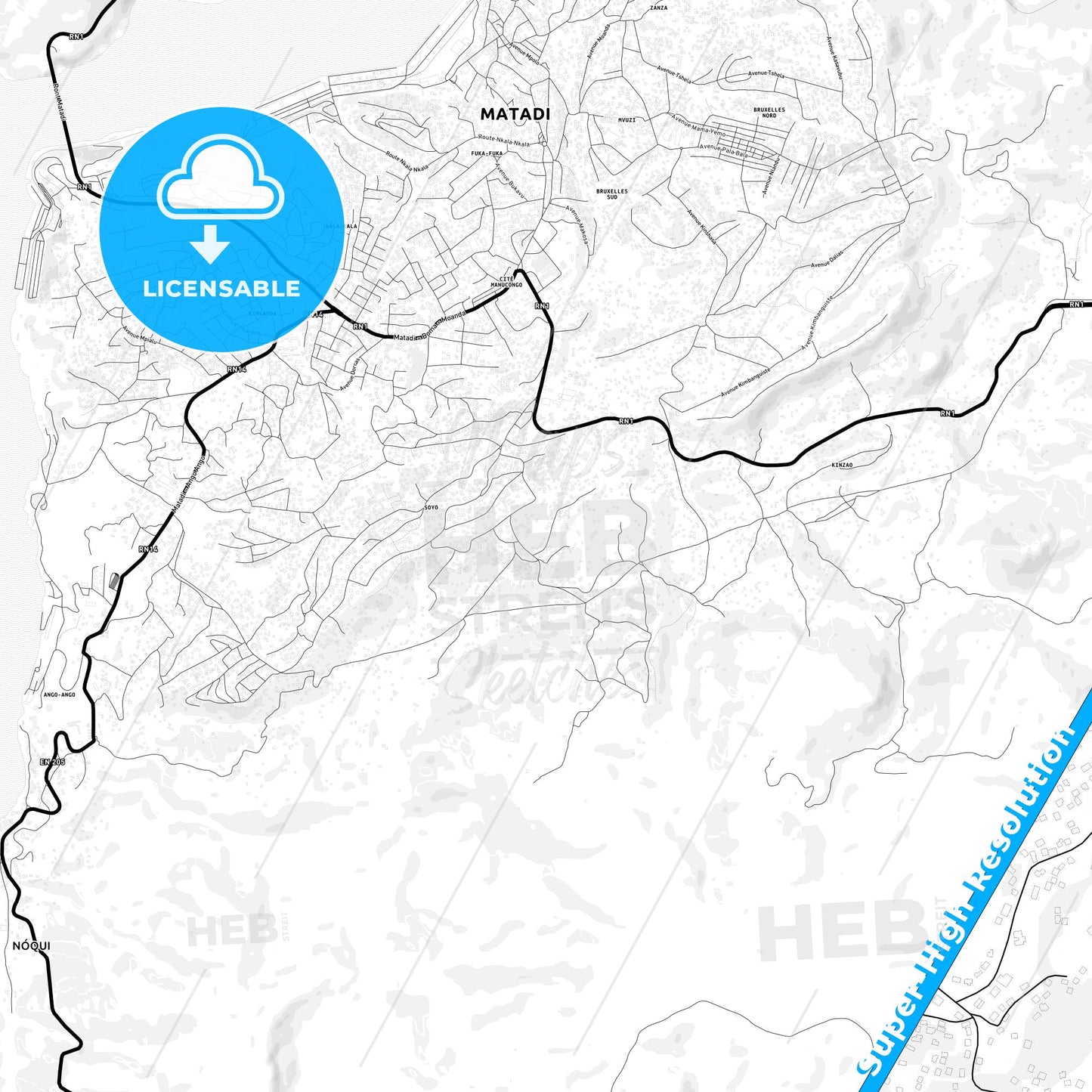 Matadi, DR Congo Light Map with Street Names, City Names, and Districts