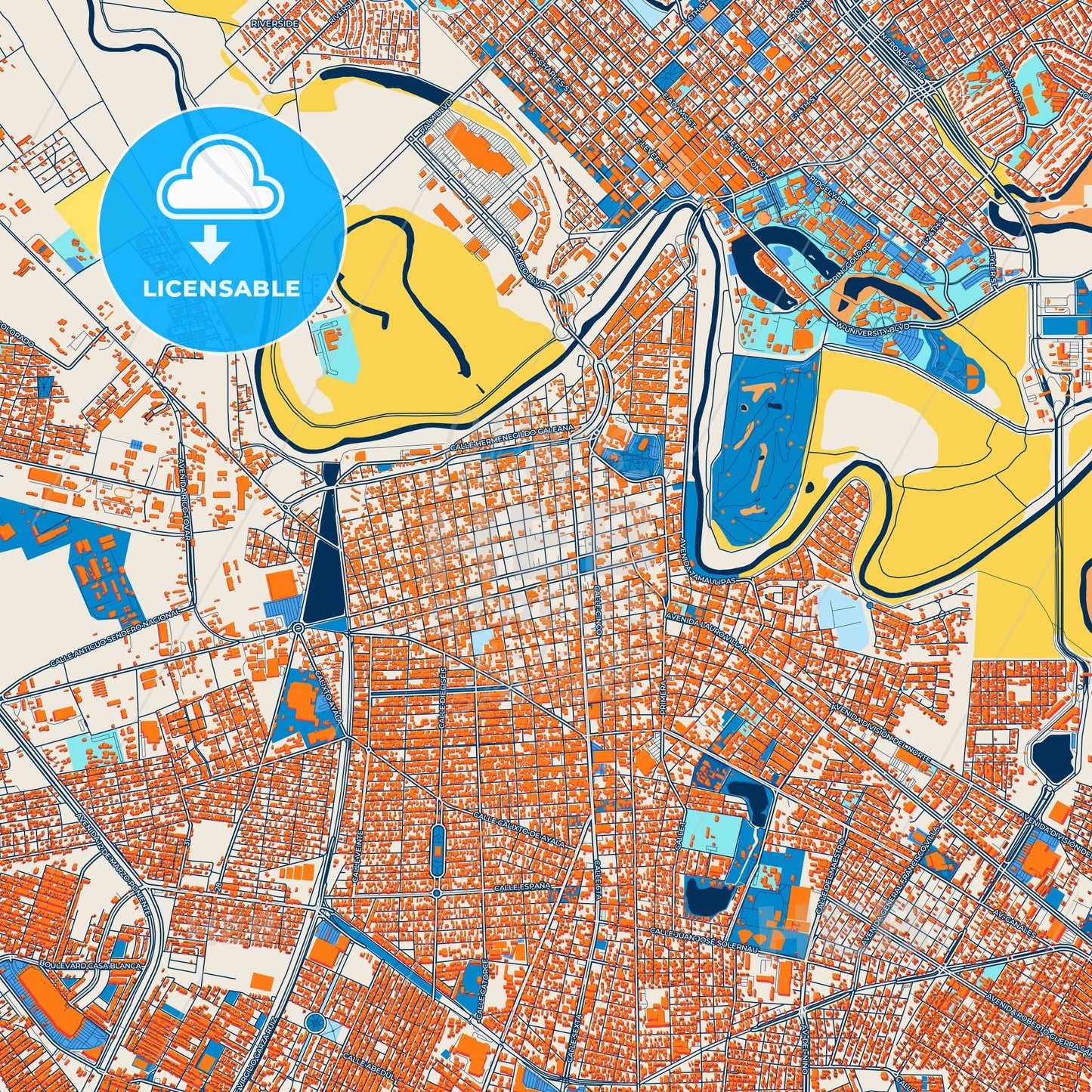 Colorful Matamoros Street Map with Labels and Buildings
