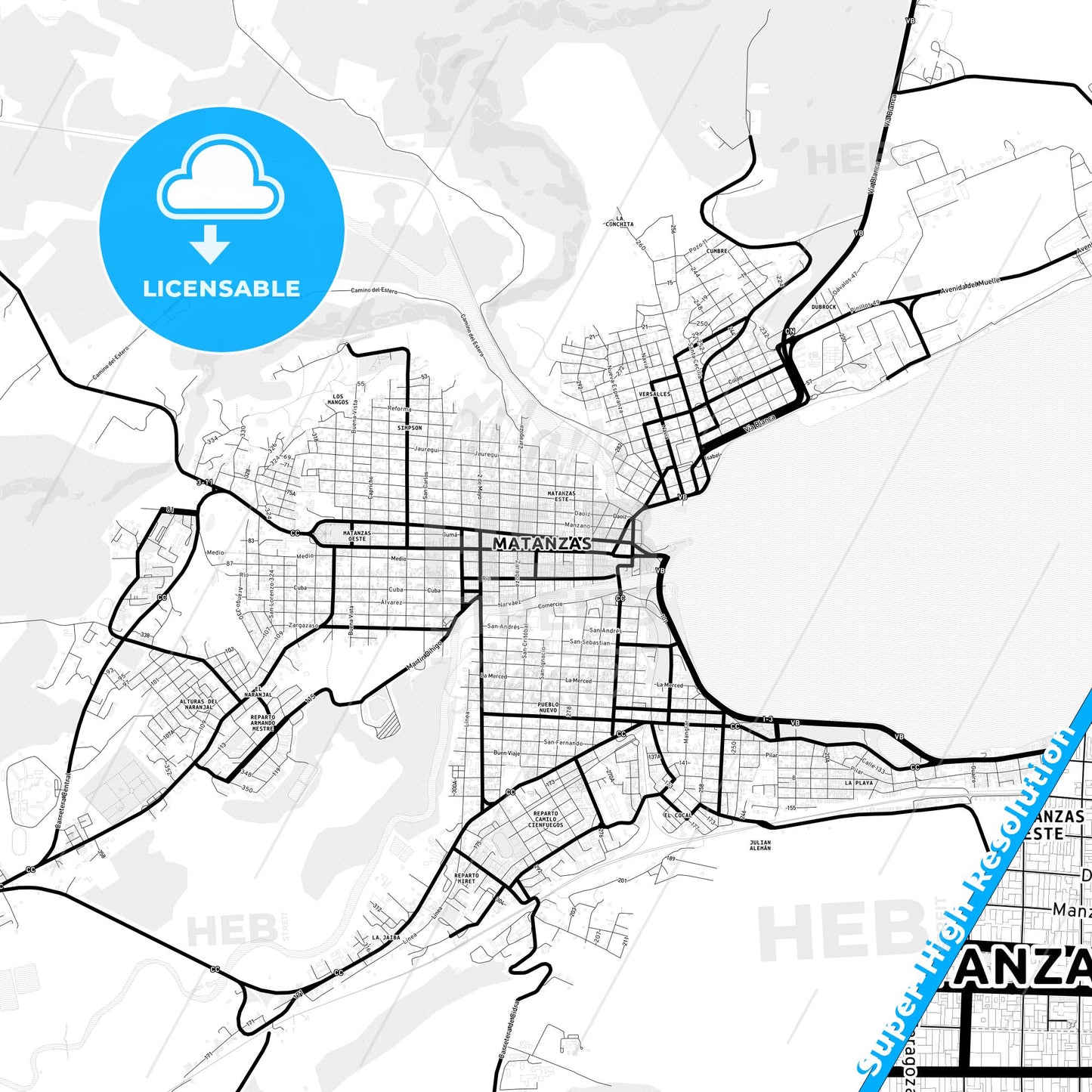 Matanzas, Cuba Light Map with Street Names, City Names, and Districts