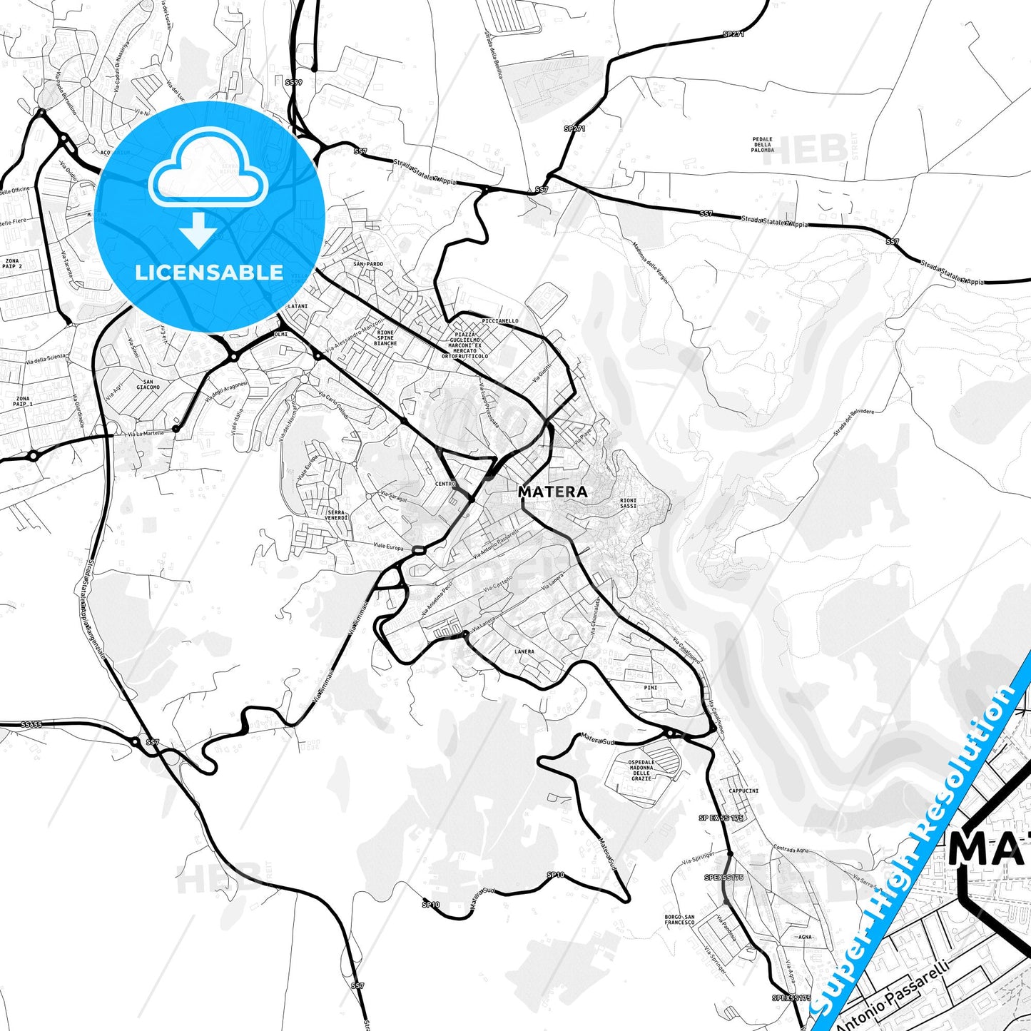 Matera, Italy Light Map with Street Names, City Names, and Districts
