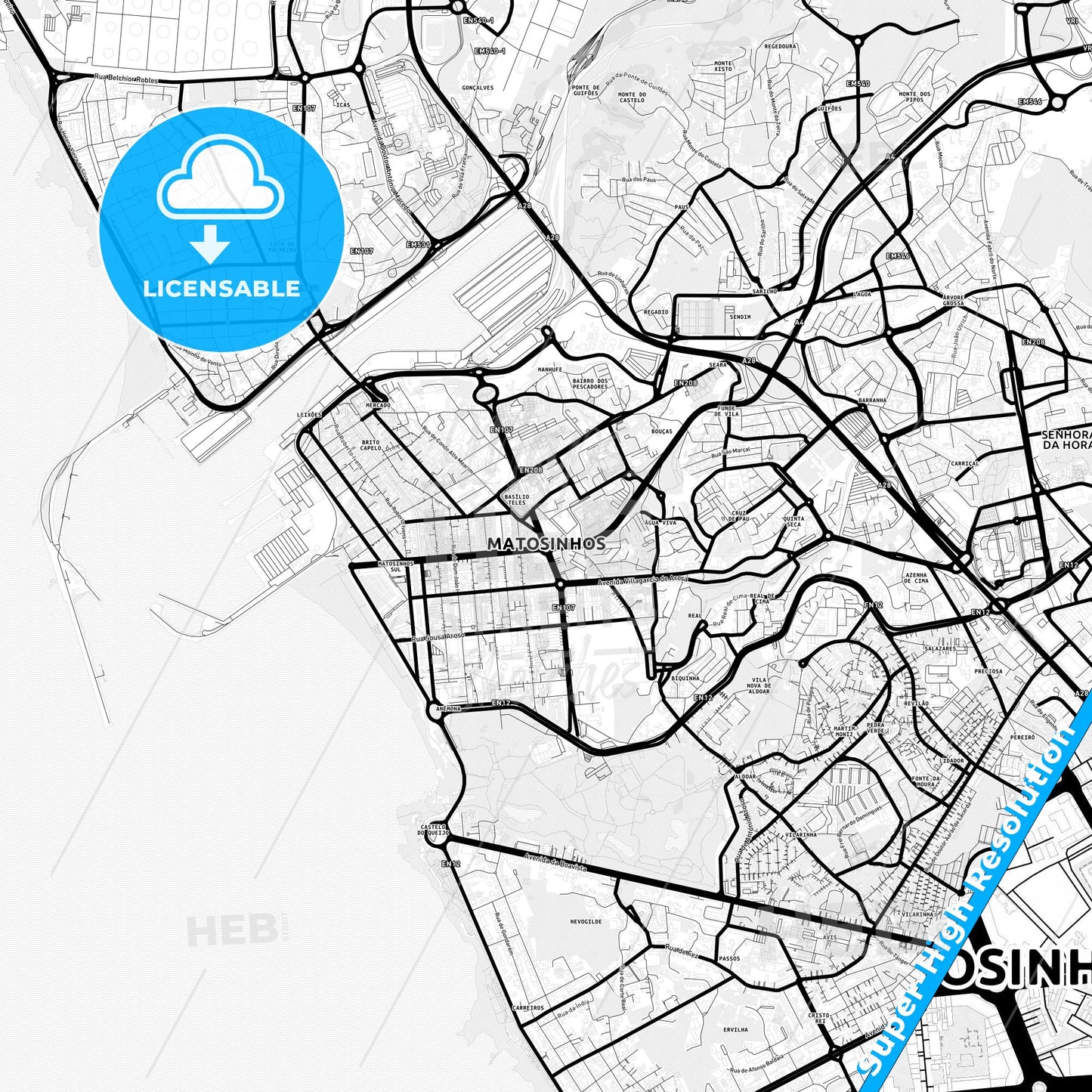 Matosinhos, Portugal Light Map with Street Names, City Names, and Districts