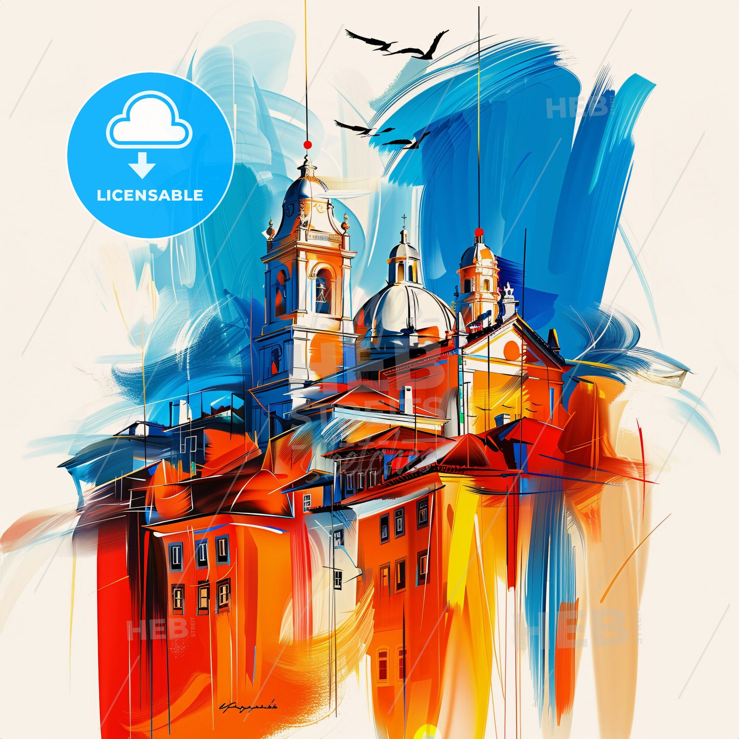 Vibrant Matosinhos, Portugal - A Painting Of A Building With A Dome And A Tower