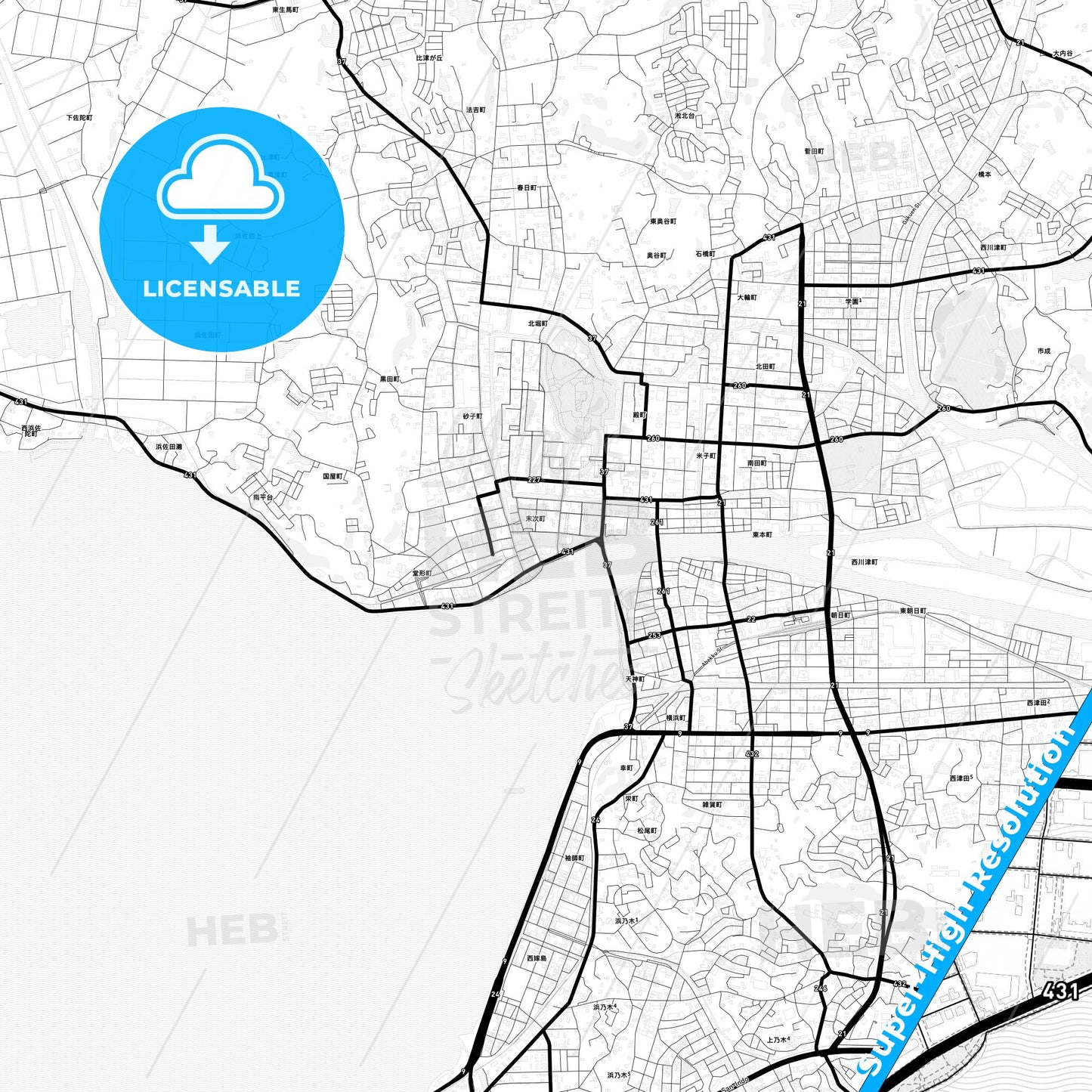 Matsue, Japan Light Map with Street Names, City Names, and Districts