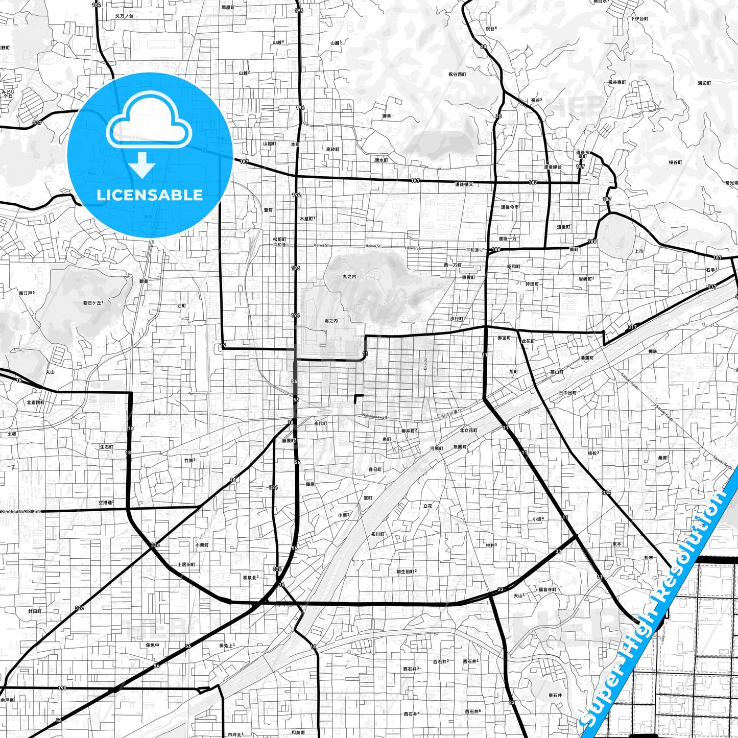 Matsuyama, Japan Light Map with Street Names, City Names, and Districts