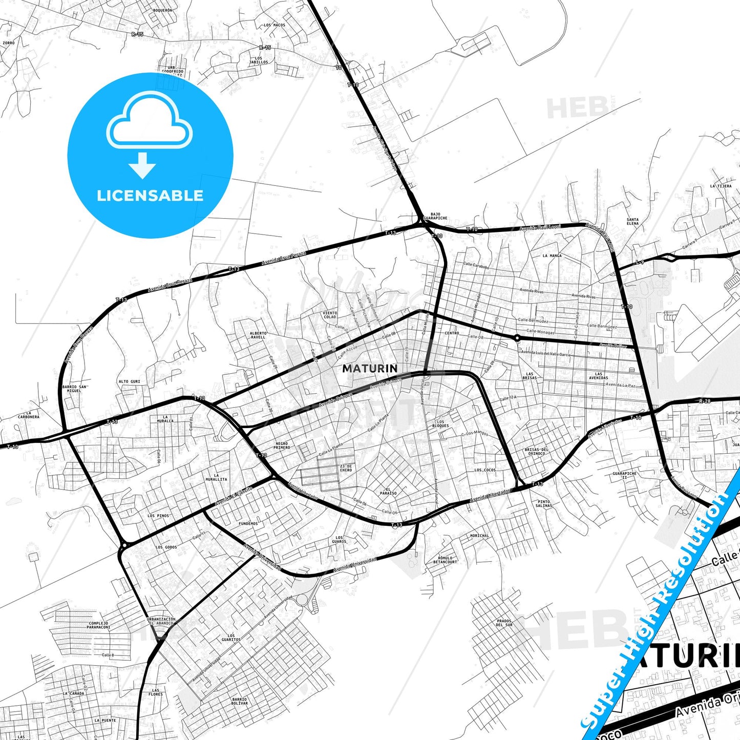 Maturin, Venezuela Light Map with Street Names, City Names, and Districts