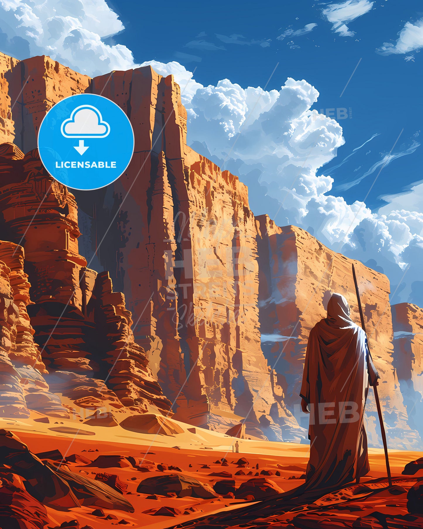 African Art, Mauritania Desert, Man with Stick, Vibrant Painting, Artistic Focus