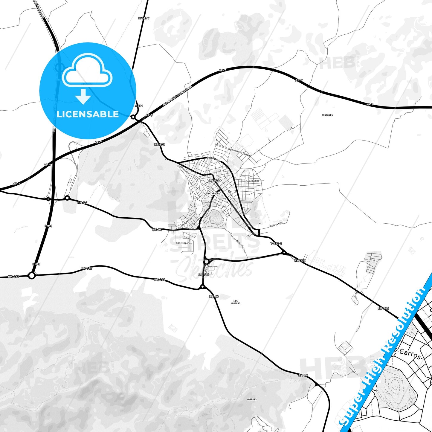 Mazarrón, Spain Light Map with Street Names, City Names, and Districts