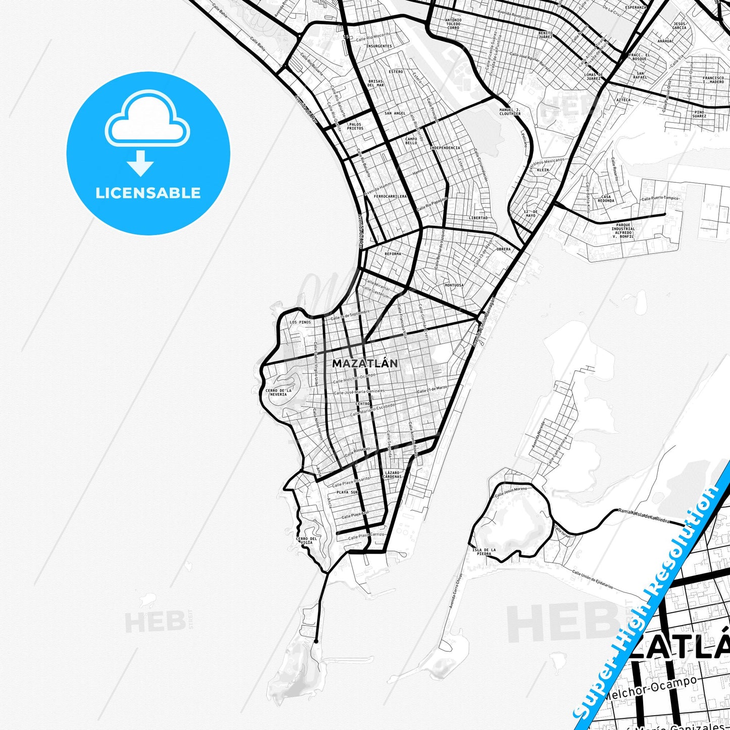 Mazatlán, Mexico Light Map with Street Names, City Names, and Districts
