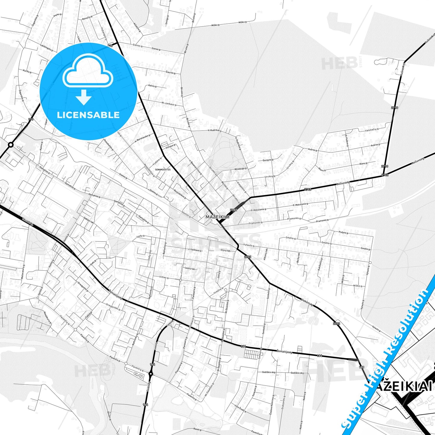 Mažeikiai, Lithuania Light Map with Street Names, City Names, and Districts