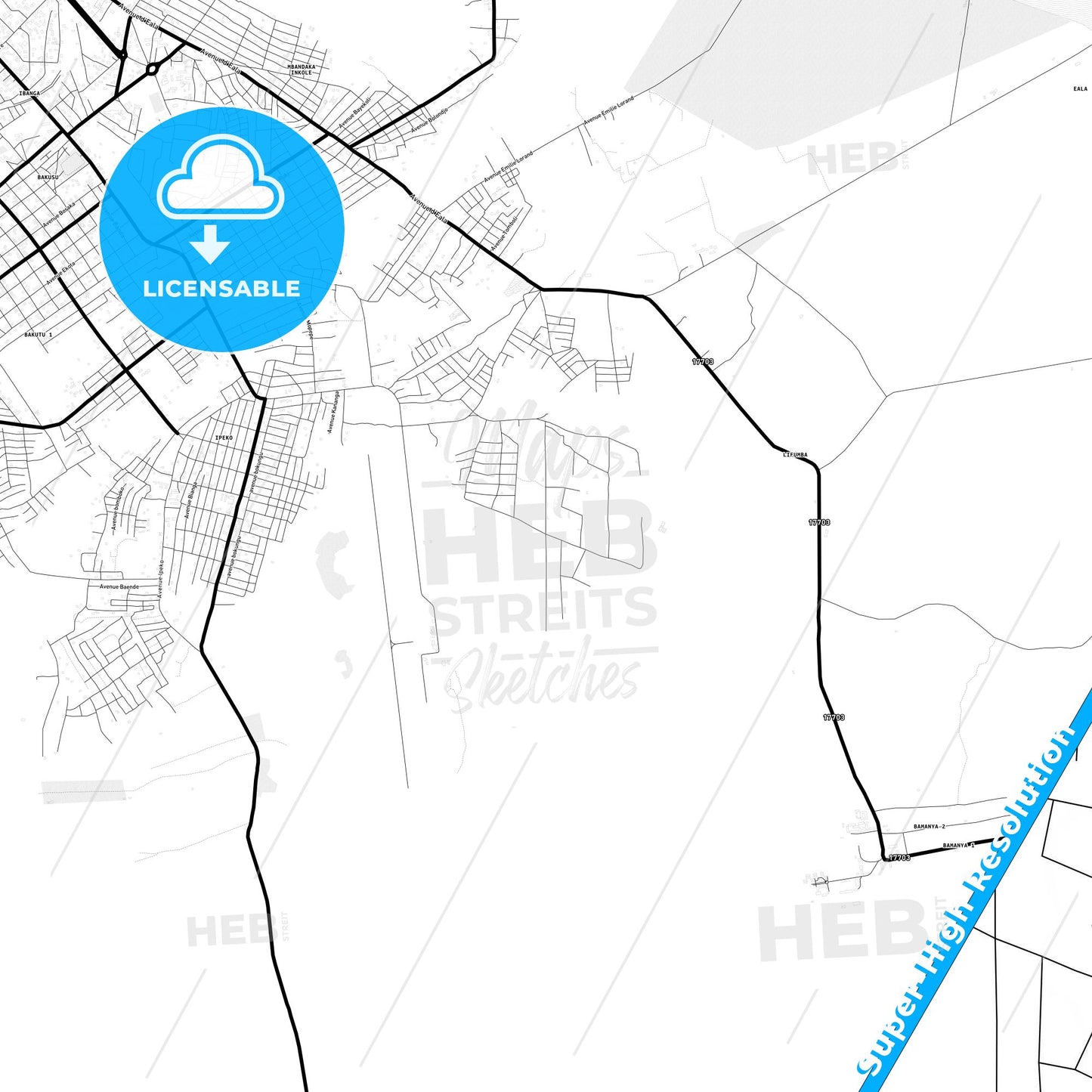 Mbandaka, DR Congo Light Map with Street Names, City Names, and Districts