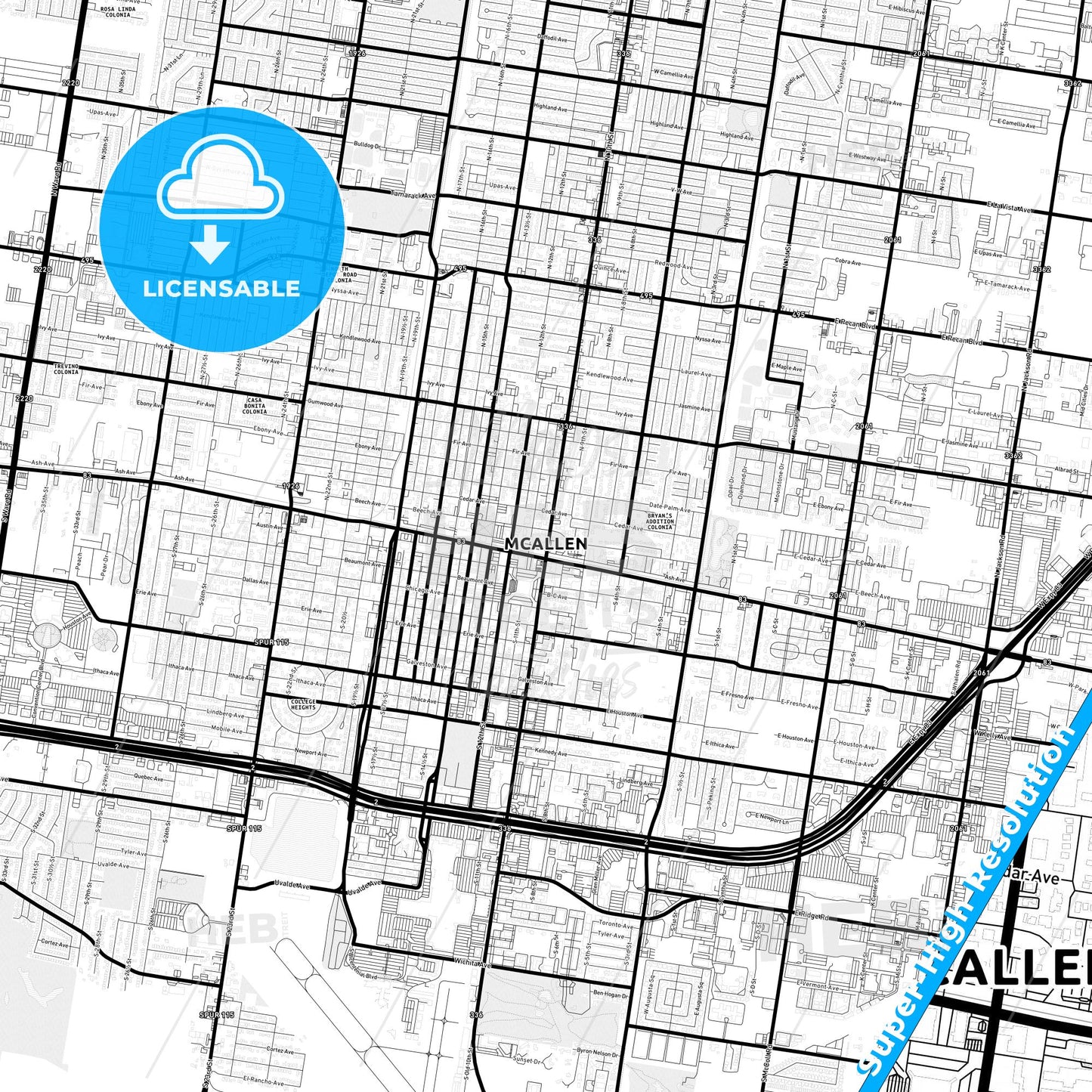 McAllen, Texas Light Map with Street Names, City Names, and Districts