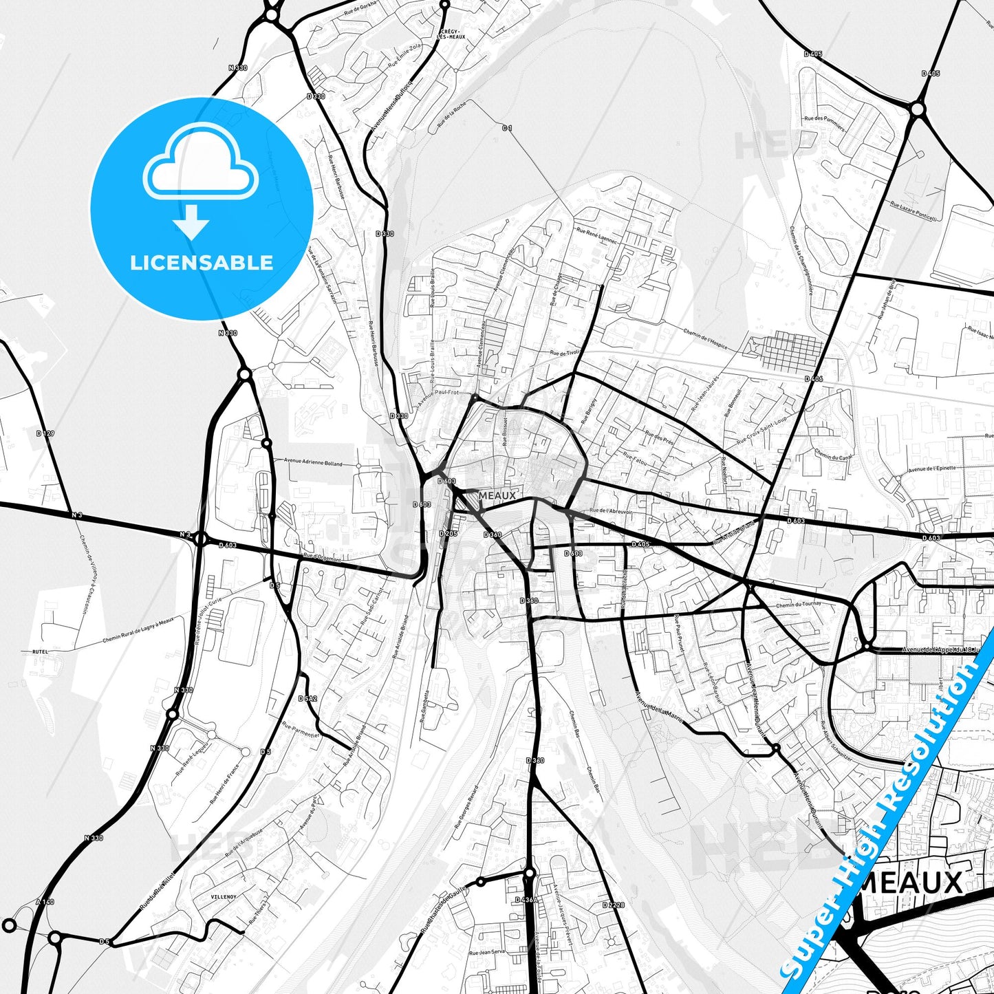Meaux, France Light Map with Street Names, City Names, and Districts