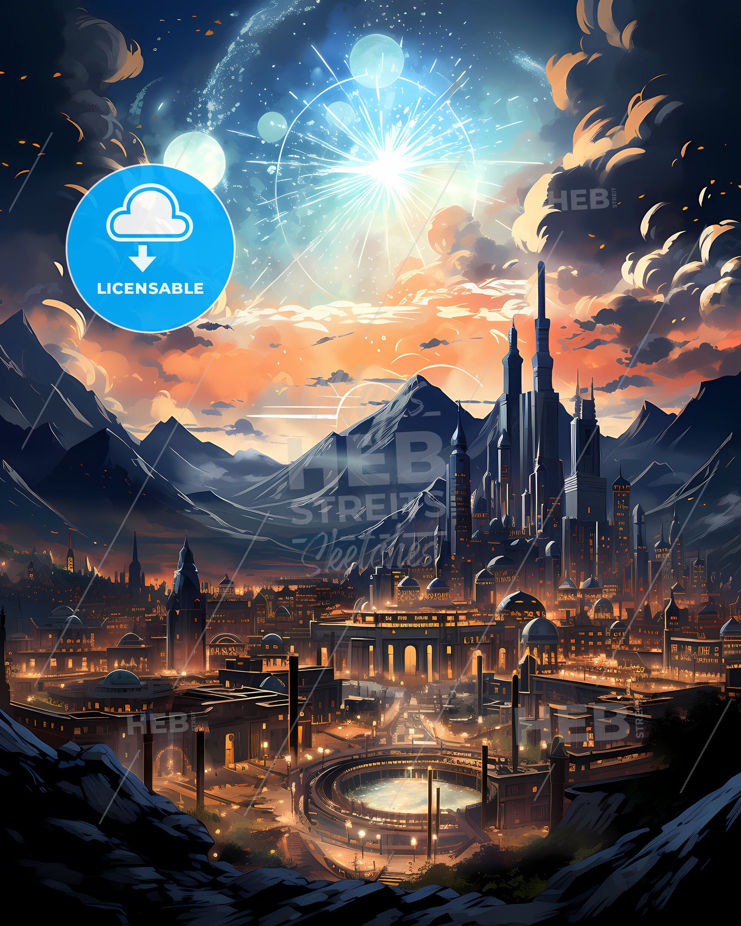 Mecca Skyline Canvas Painting Arabian City Vibrant Traditional Arabic Art Blue and Yellow