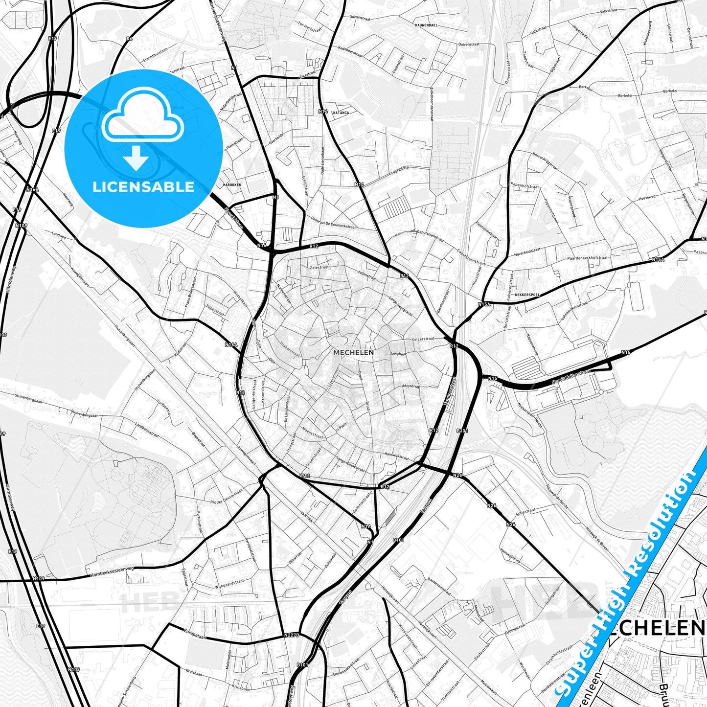 Mechelen, Belgium Light Map with Street Names, City Names, and Districts