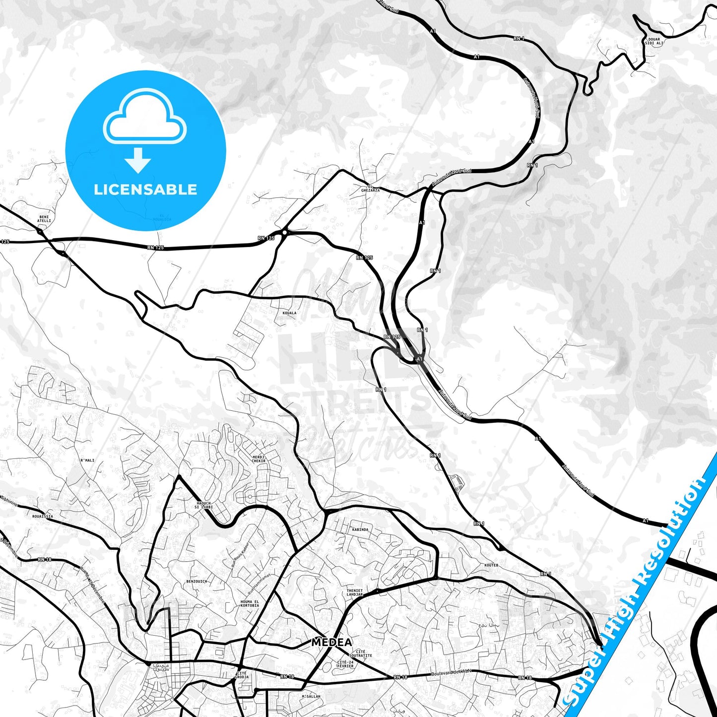 Medea, Algeria Light Map with Street Names, City Names, and Districts