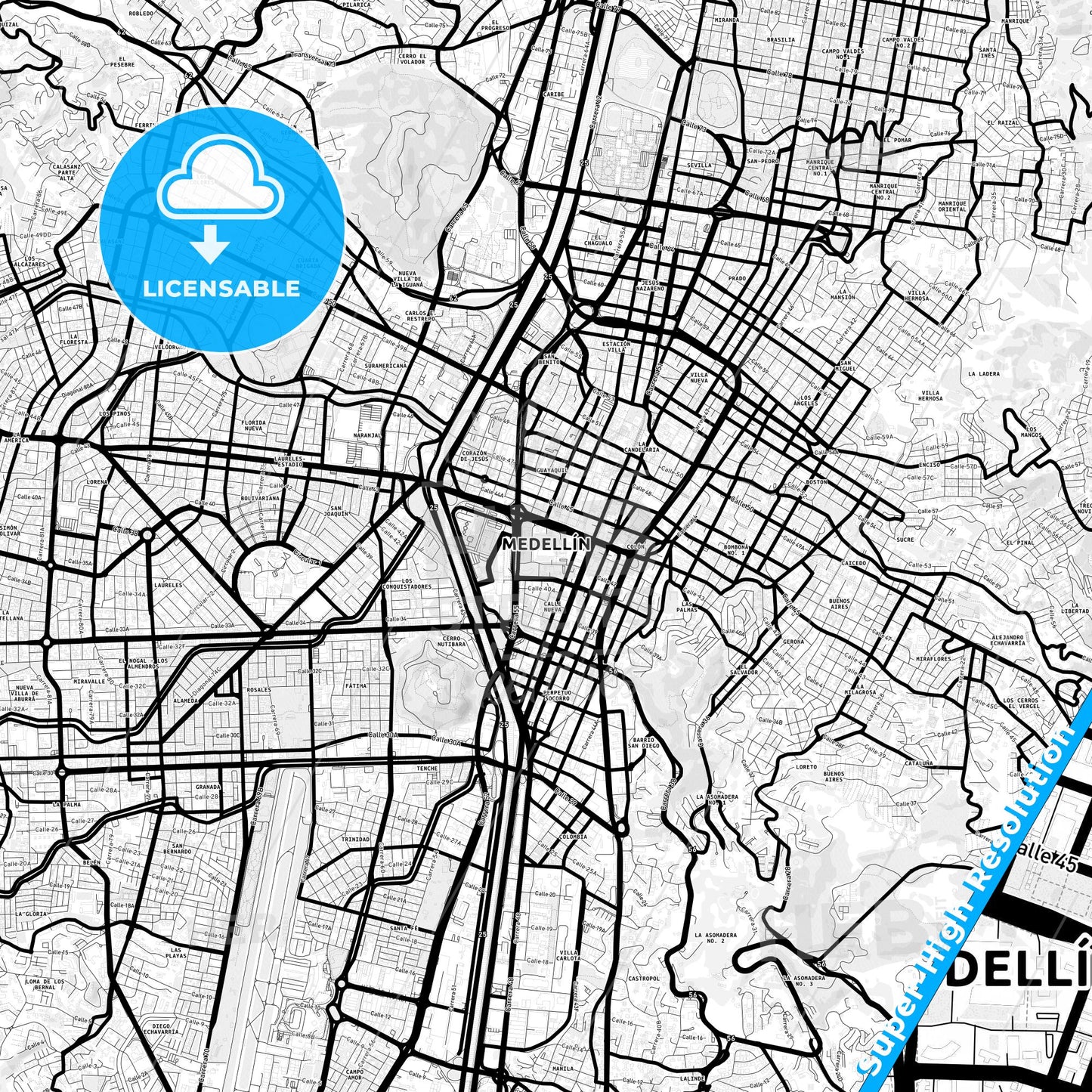 Medellin, Colombia Light Map with Street Names, City Names, and Districts