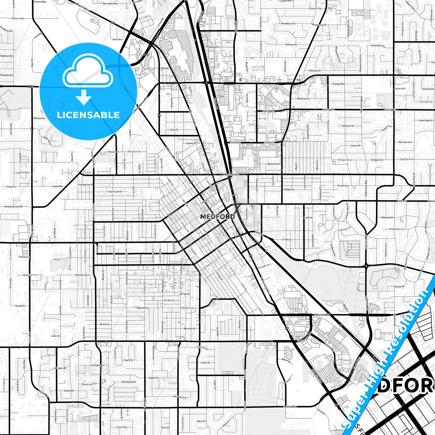 Medford, Oregon Light Map with Street Names, City Names, and Districts