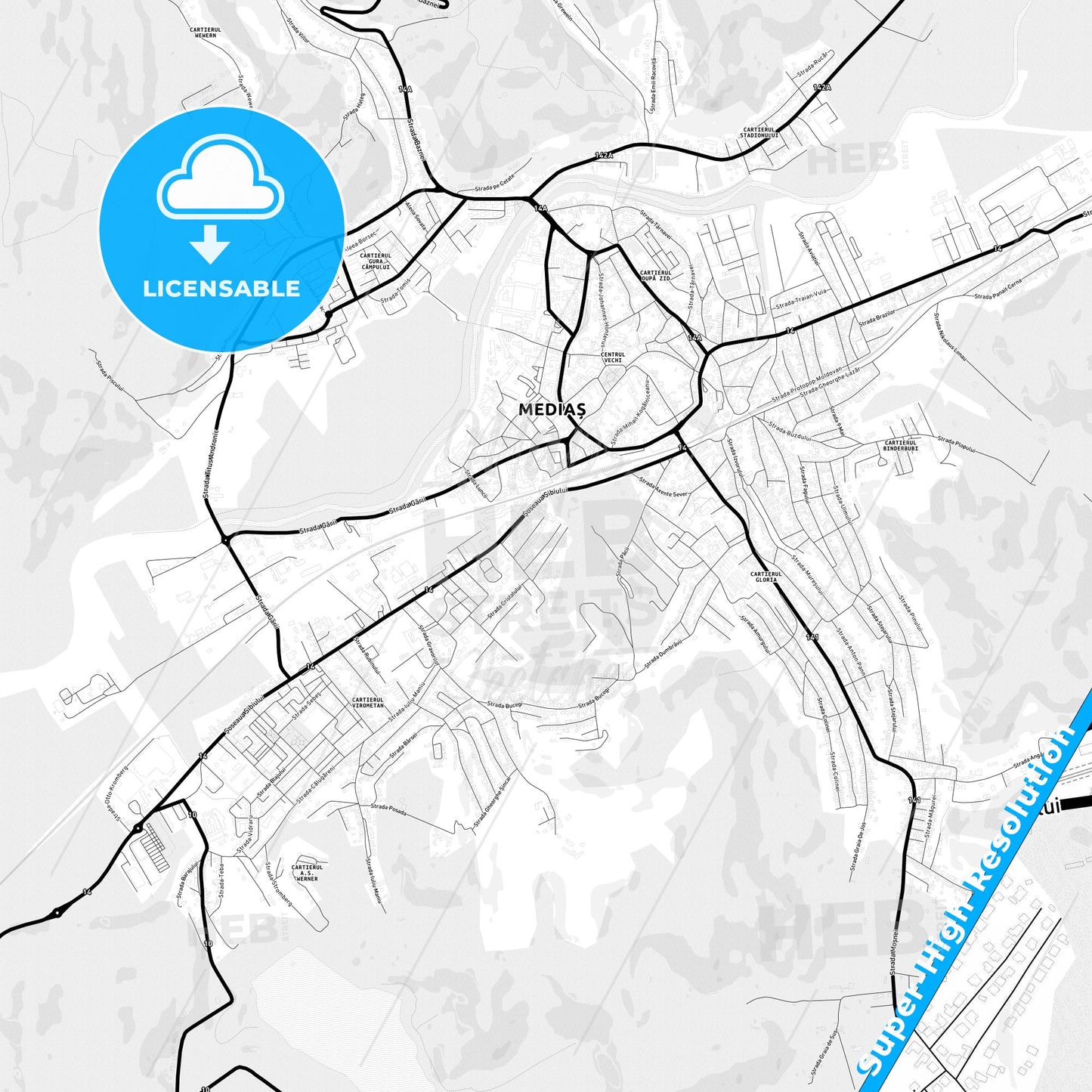 Mediaș, Romania Light Map with Street Names, City Names, and Districts