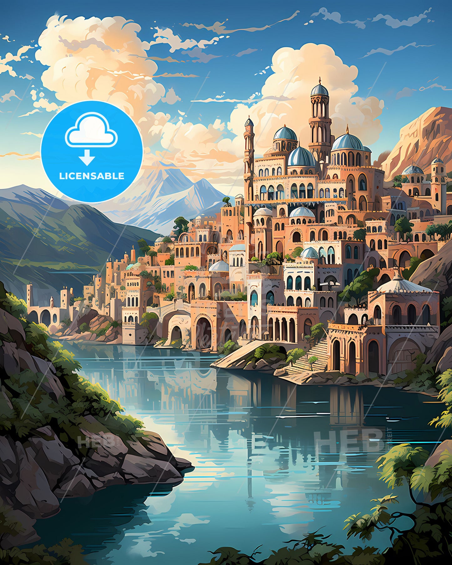 Vibrant Arabic Cityscape Painting: Majestic Castle on Hilltop Riverside