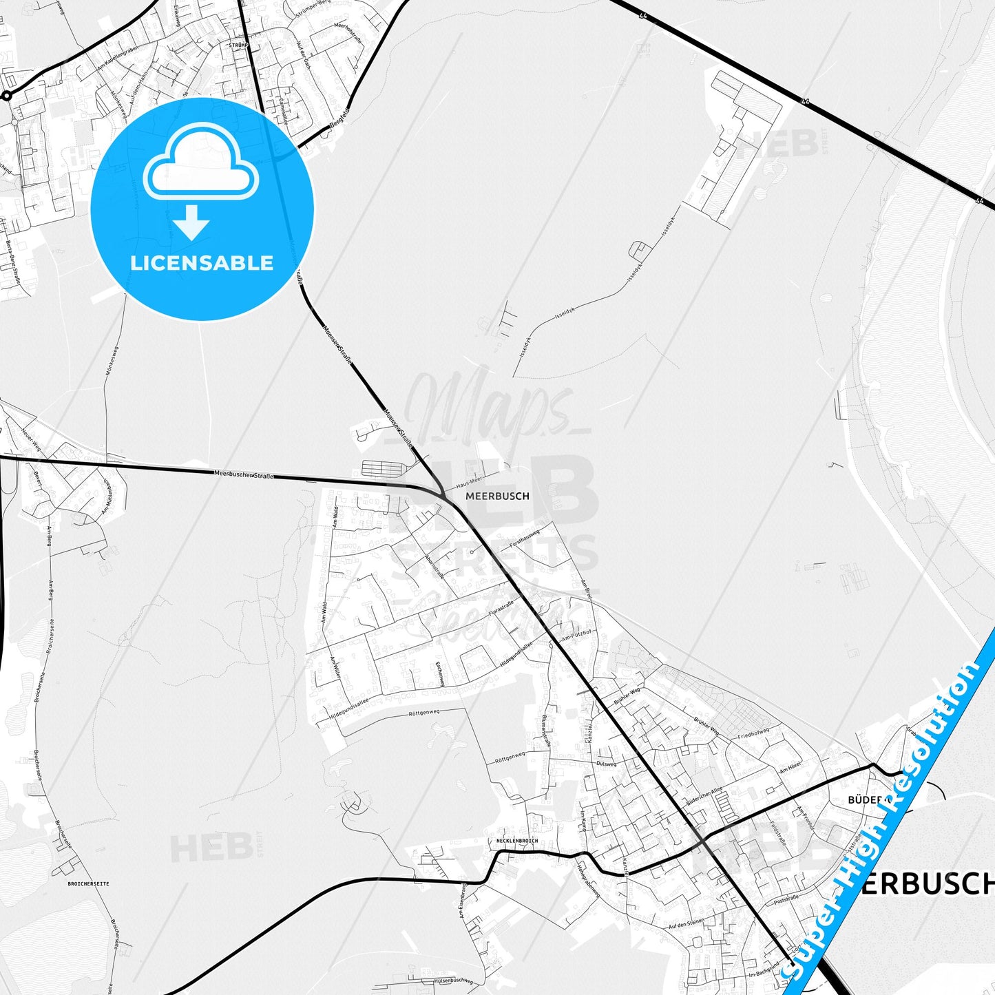 Meerbusch, Germany Light Map with Street Names, City Names, and Districts