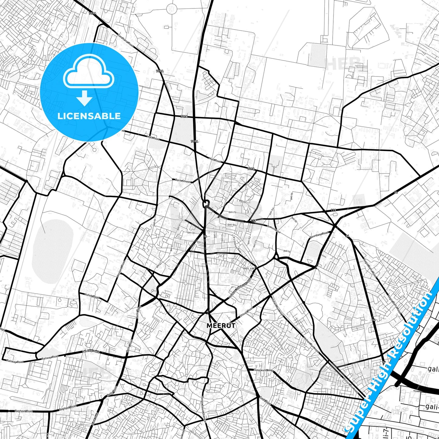 Meerut, India Light Map with Street Names, City Names, and Districts
