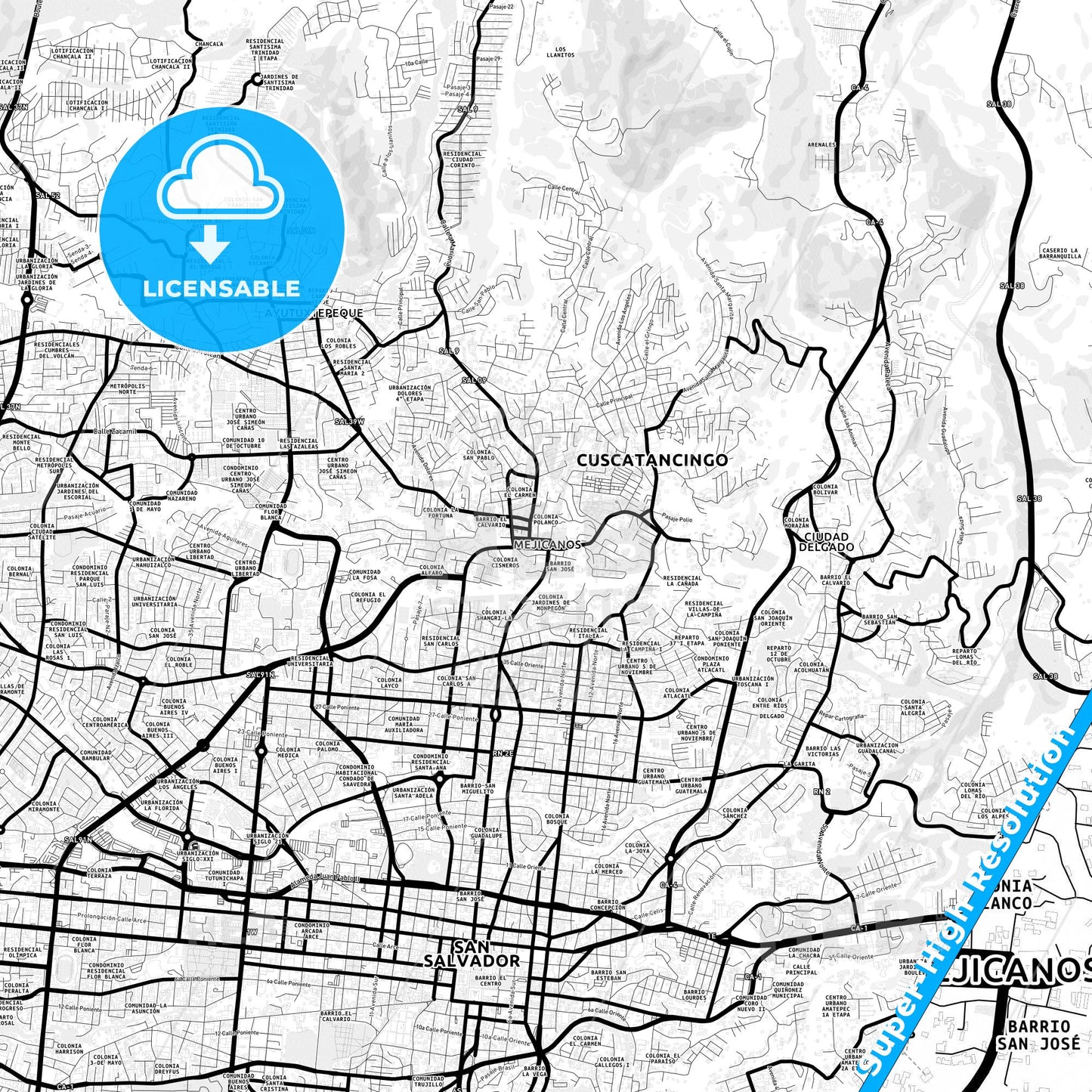 Mejicanos, El Salvador Light Map with Street Names, City Names, and Districts