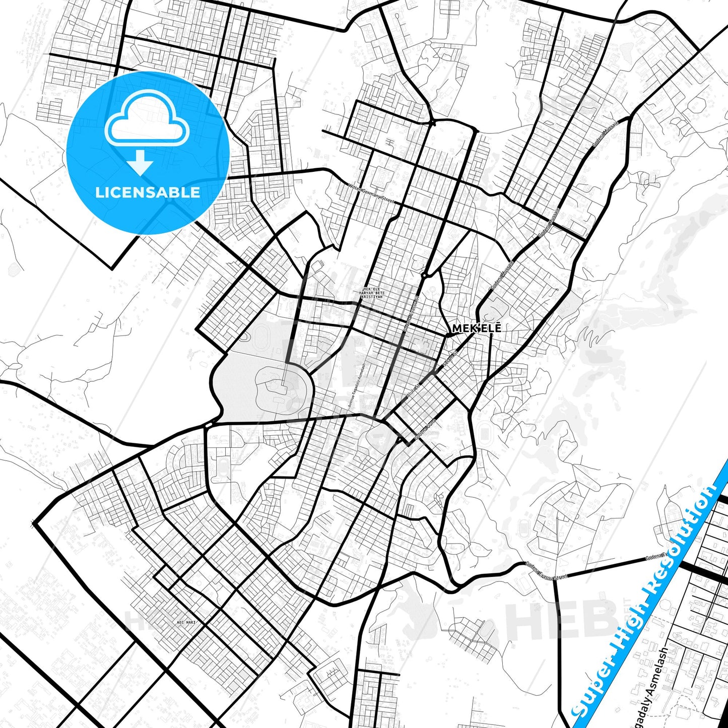 Mek´ele, Ethiopia Light Map with Street Names, City Names, and Districts