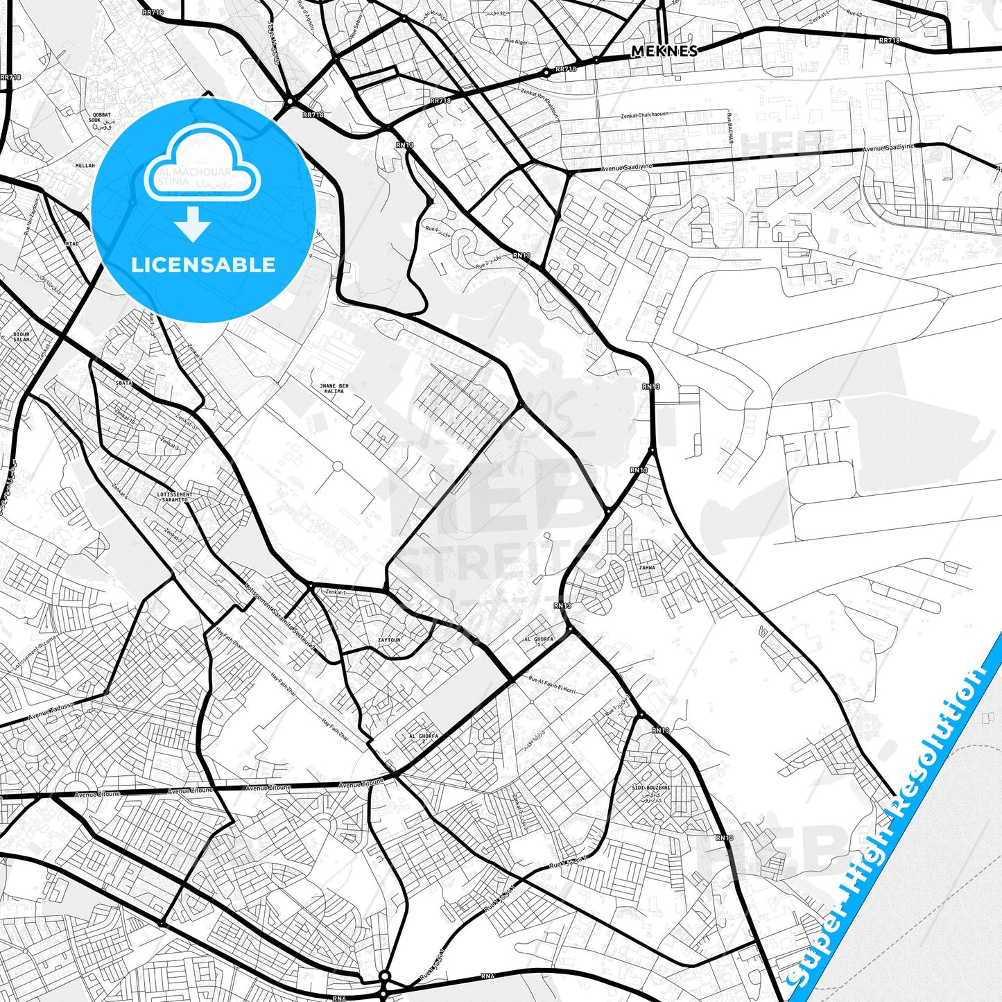 Meknes, Morocco Light Map with Street Names, City Names, and Districts