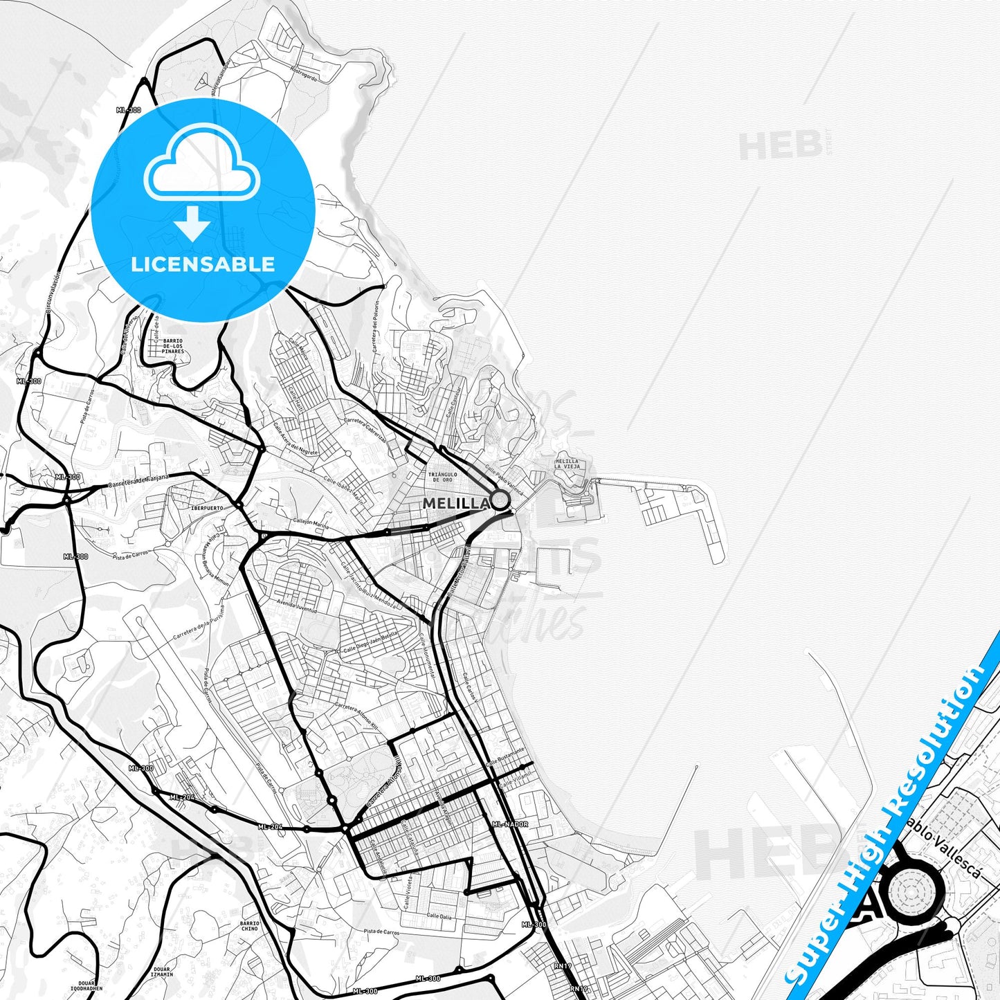 Melilla, Spain Light Map with Street Names, City Names, and Districts