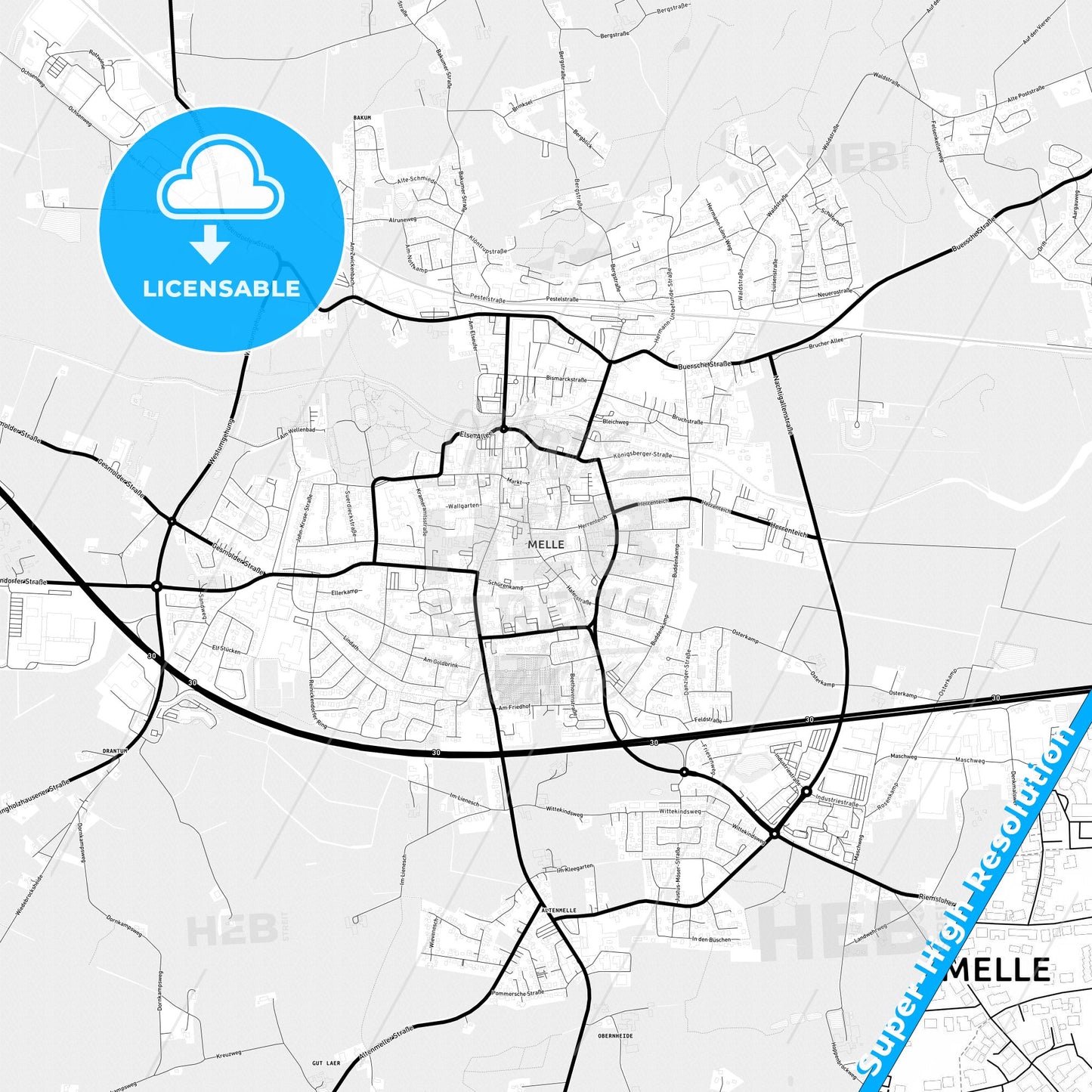 Melle, Germany Light Map with Street Names, City Names, and Districts