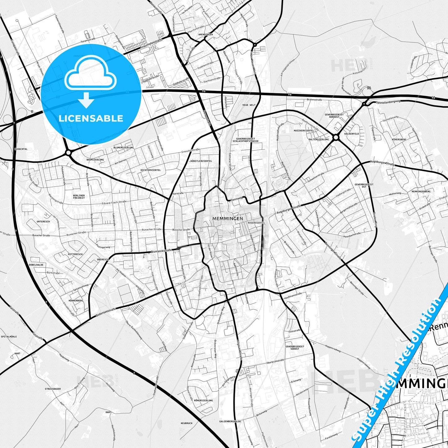 Memmingen, Germany Light Map with Street Names, City Names, and Districts